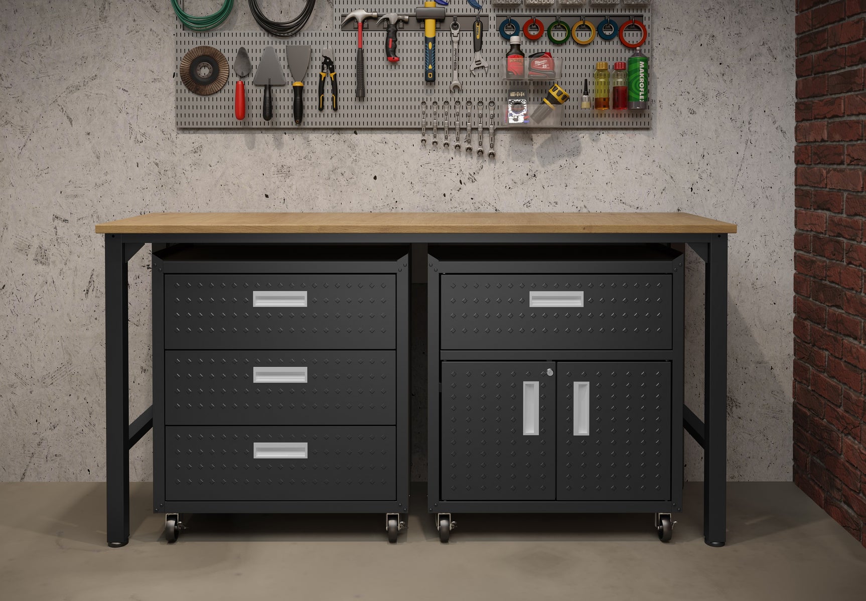 3-Piece Fortress Mobile Space-Saving Garage Cabinet and Worktable 5.0 in Charcoal Grey - Ornate Home