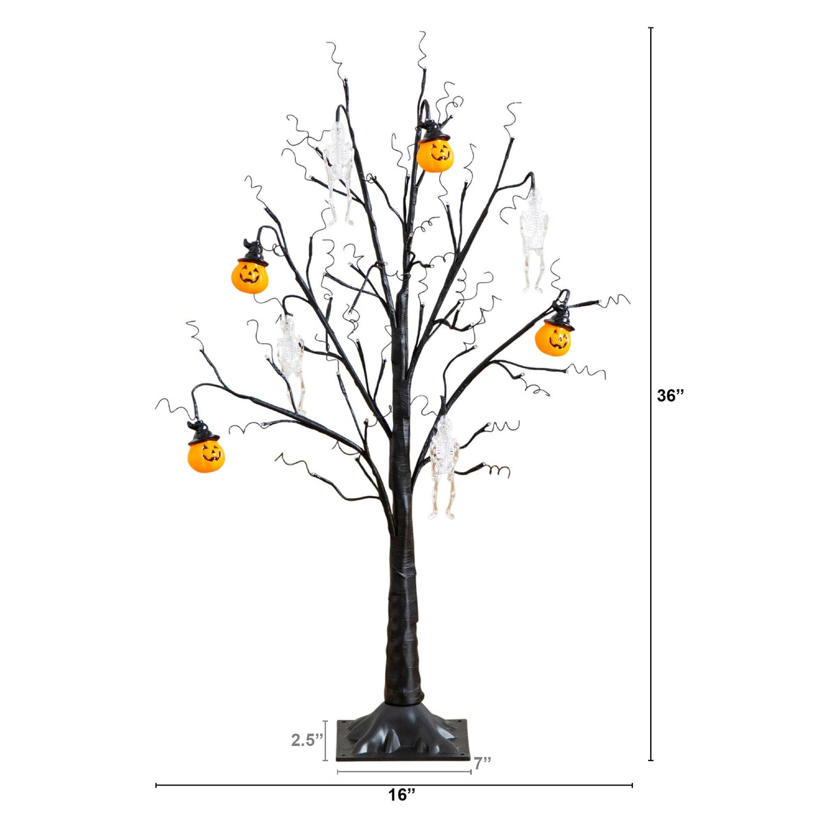 3' Pre-Lit Artificial Halloween Pumpkins and Skulls Ornament Tree with 48 Warm White LED Lights