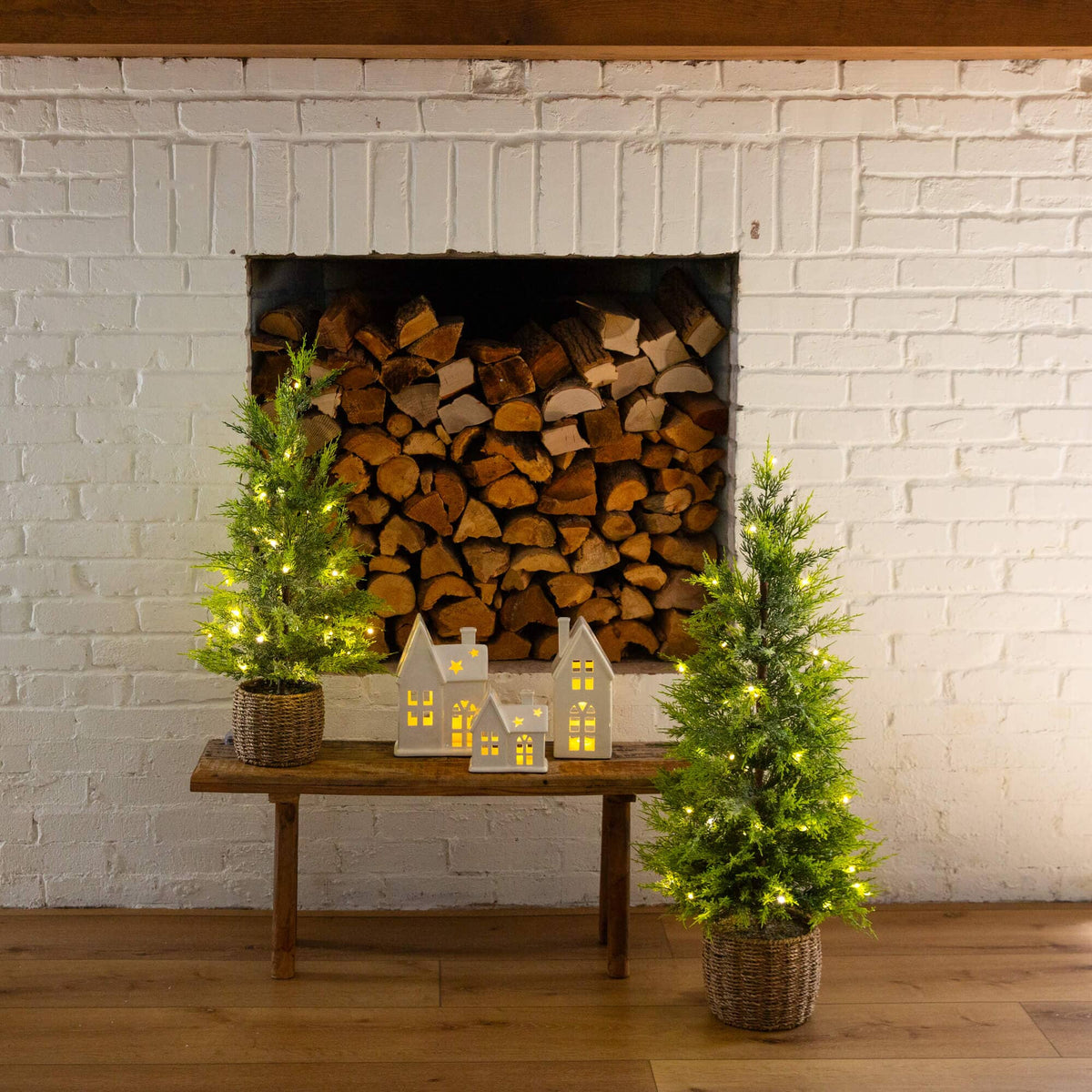 3' Pre-Lit Artificial Lightly Snowed Cypress Christmas Tree with 38 Warm White LED Lights in Decorative Weaved Basket