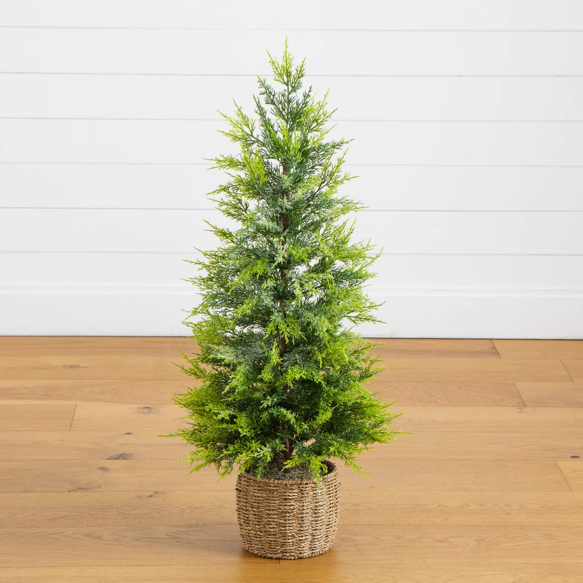 3' Pre-Lit Artificial Lightly Snowed Cypress Christmas Tree with 38 Warm White LED Lights in Decorative Weaved Basket