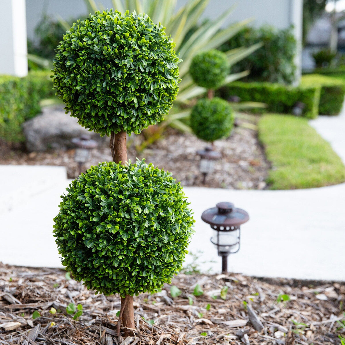 3’ UV Resistant Artificial Double Ball Boxwood Topiary with Integrated Ground Stake (Indoor/Outdoor) - Set of 2