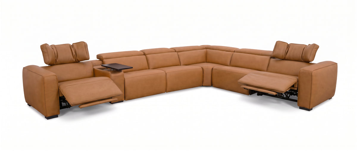 Rally Pro Caramel 7-Piece L-Shaped Dual Power Reclining Sectional with Console & Immersive Sound System
