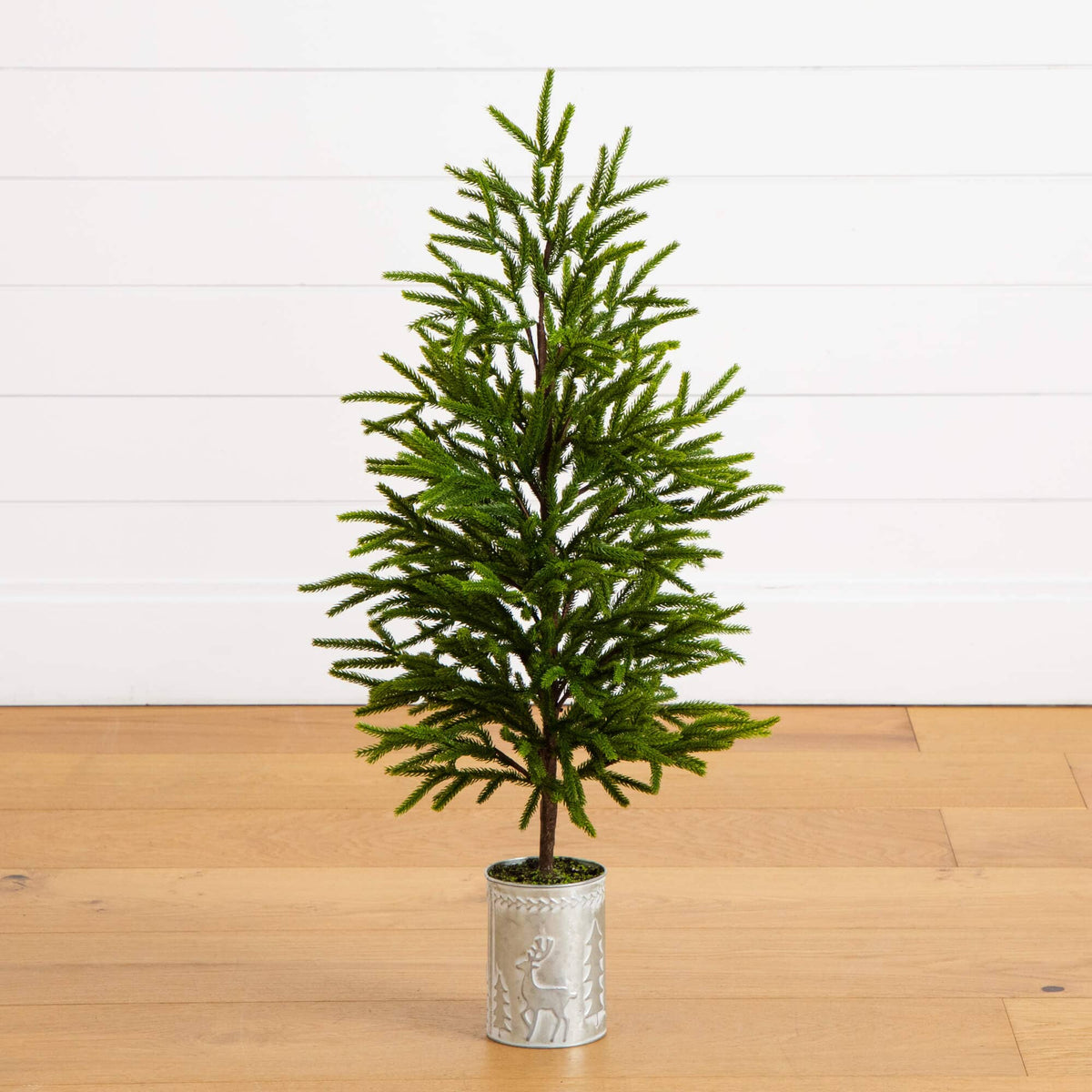 32" Artificial Real Touch Norfolk Island Pine in Christmas Tin Metal Planter with Natural Look