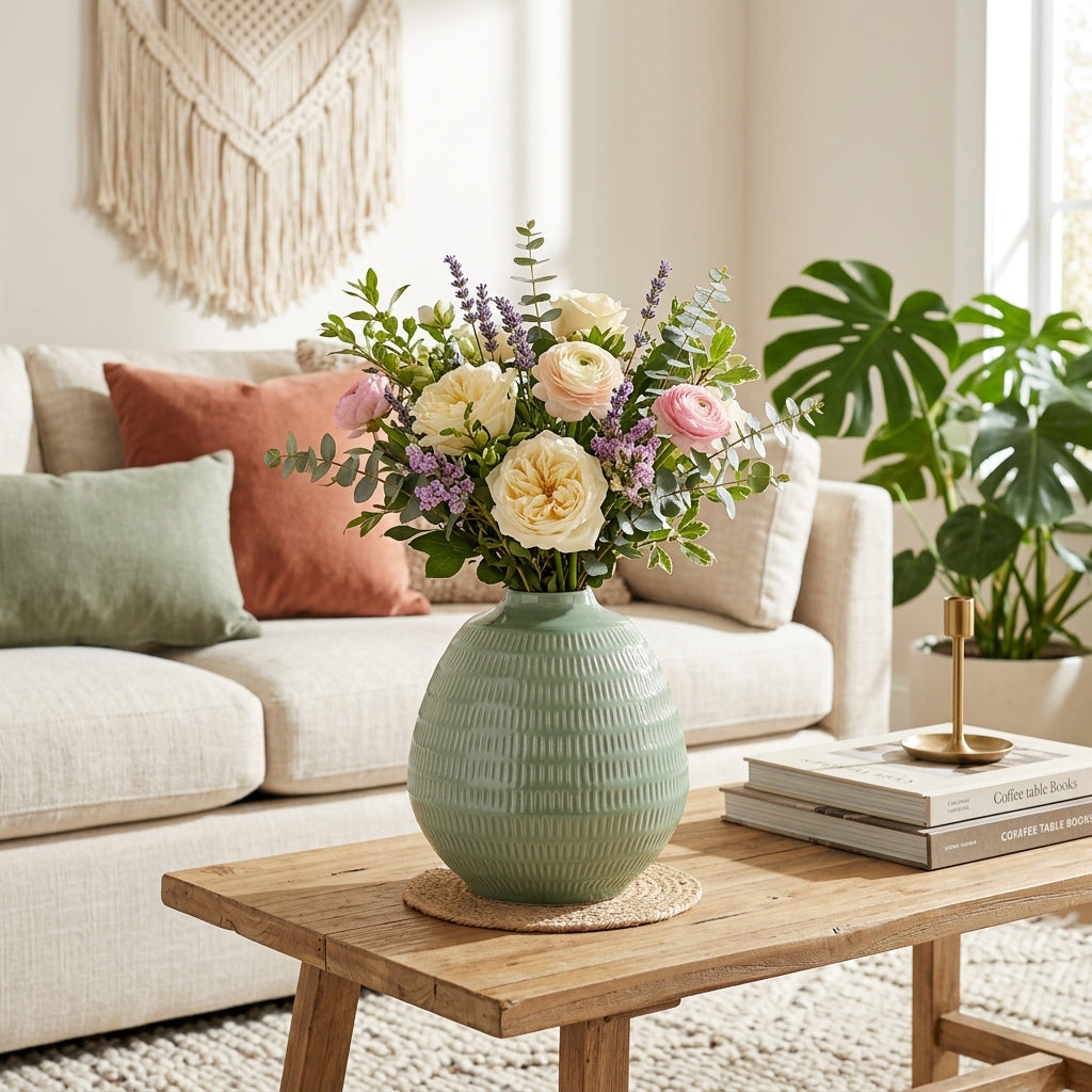 Chipps Dark Sage Ceramic Stripe Oval Vase - 17415-03EC