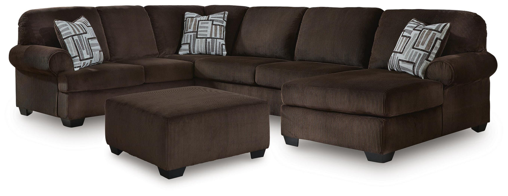 Kimlee Chocolate 3-Piece Sectional and Ottoman