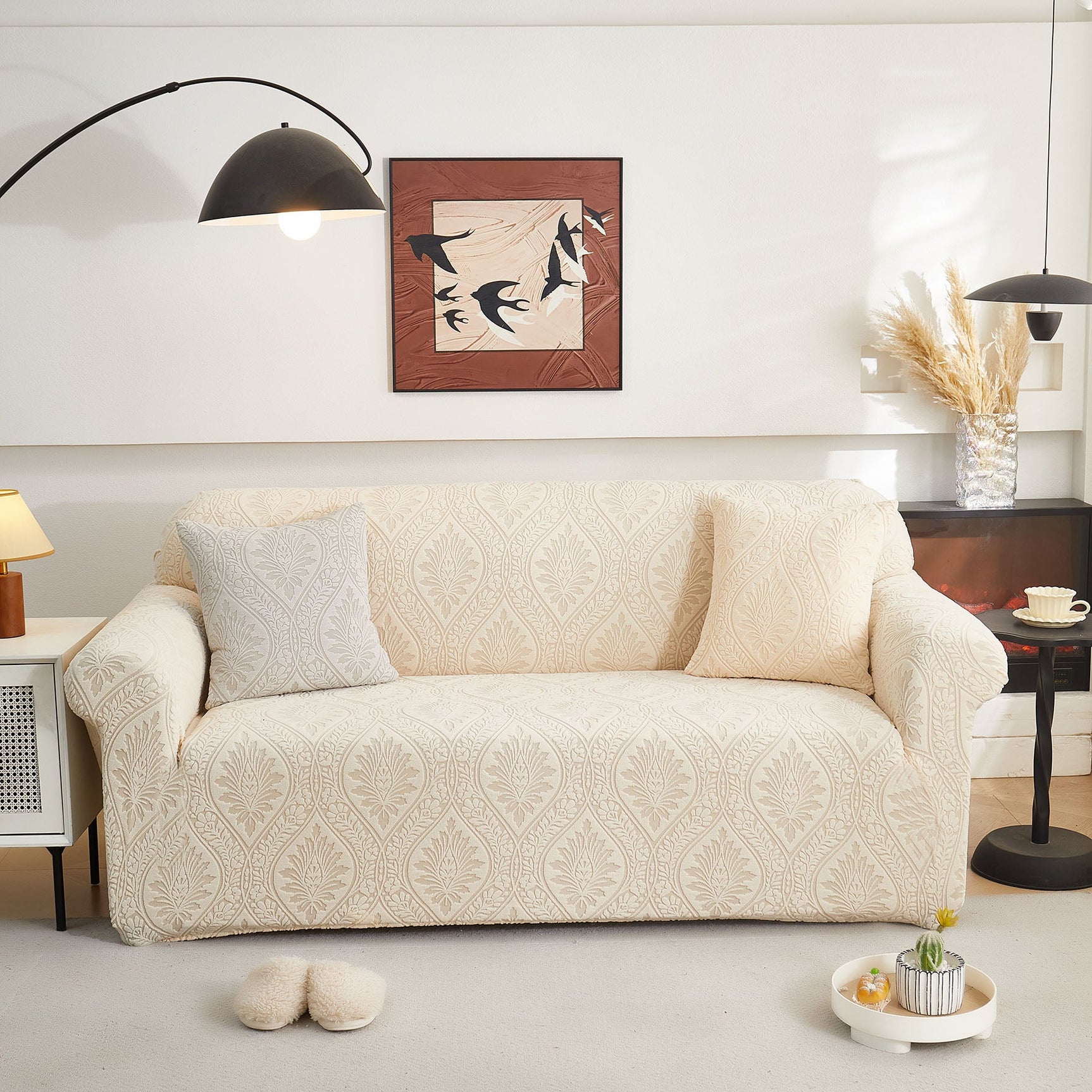 3D Baroque Floral Stretch Sofa Cover Elastic Polar Fleece Couch Slipcover with Straps - Ornate Home