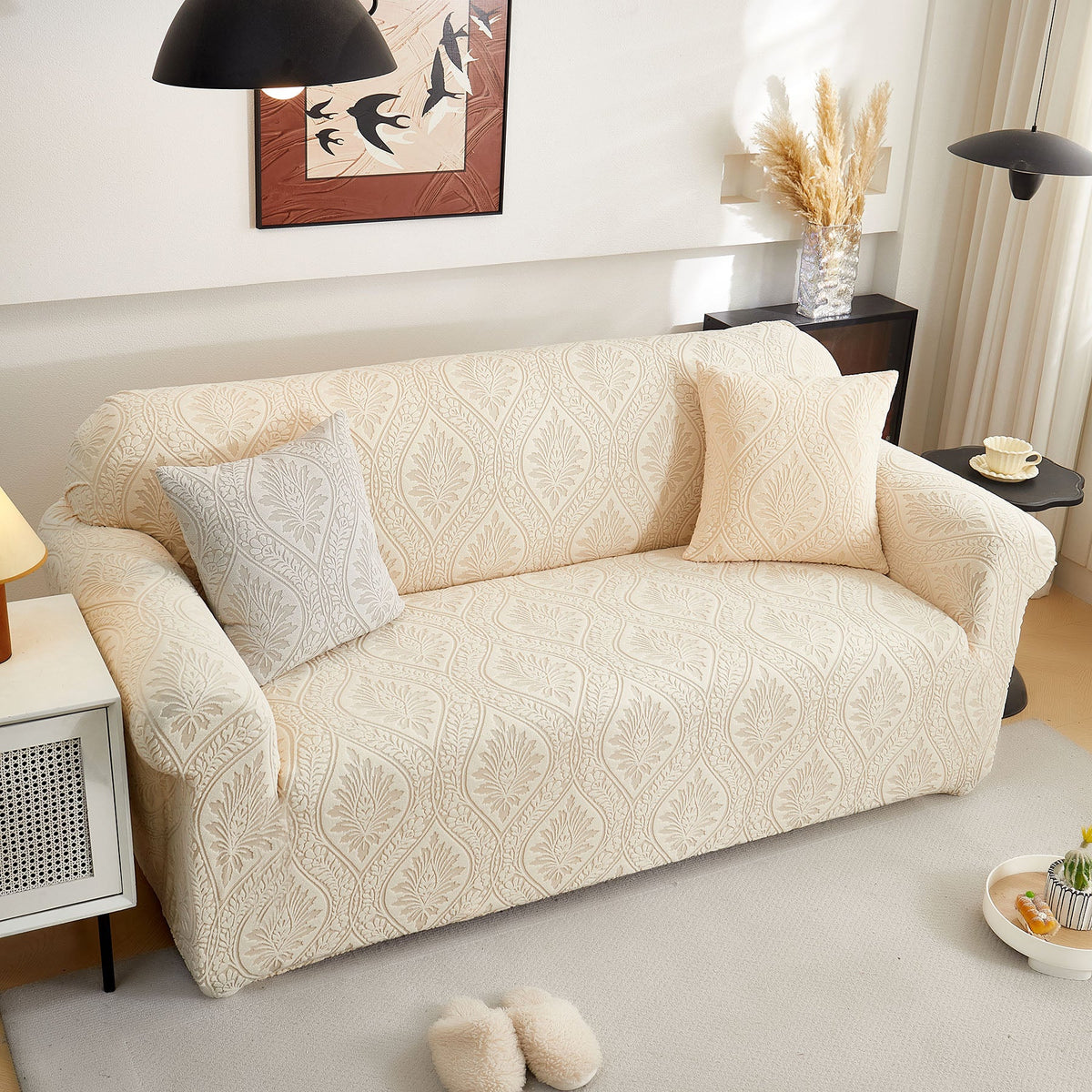 3D Baroque Floral Stretch Sofa Cover Elastic Polar Fleece Couch Slipcover with Straps - Ornate Home