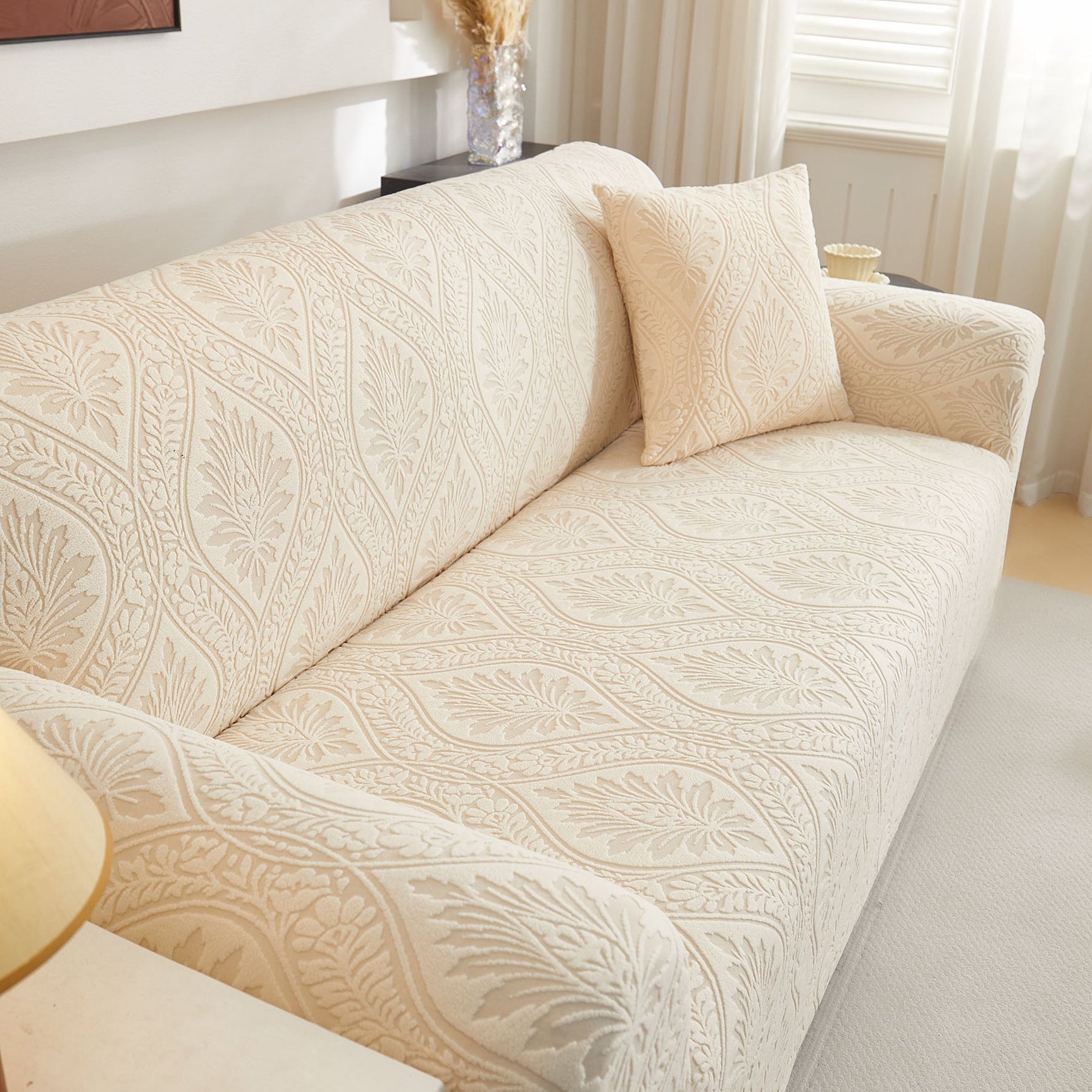 3D Baroque Floral Stretch Sofa Cover Elastic Polar Fleece Couch Slipcover with Straps - Ornate Home