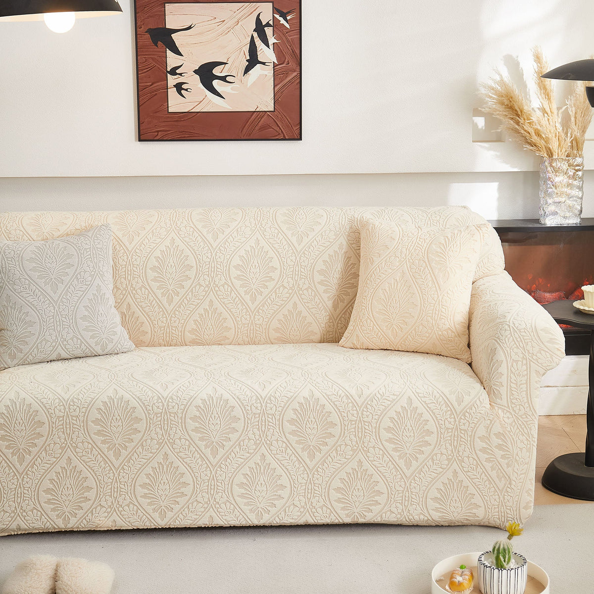3D Baroque Floral Stretch Sofa Cover Elastic Polar Fleece Couch Slipcover with Straps - Ornate Home