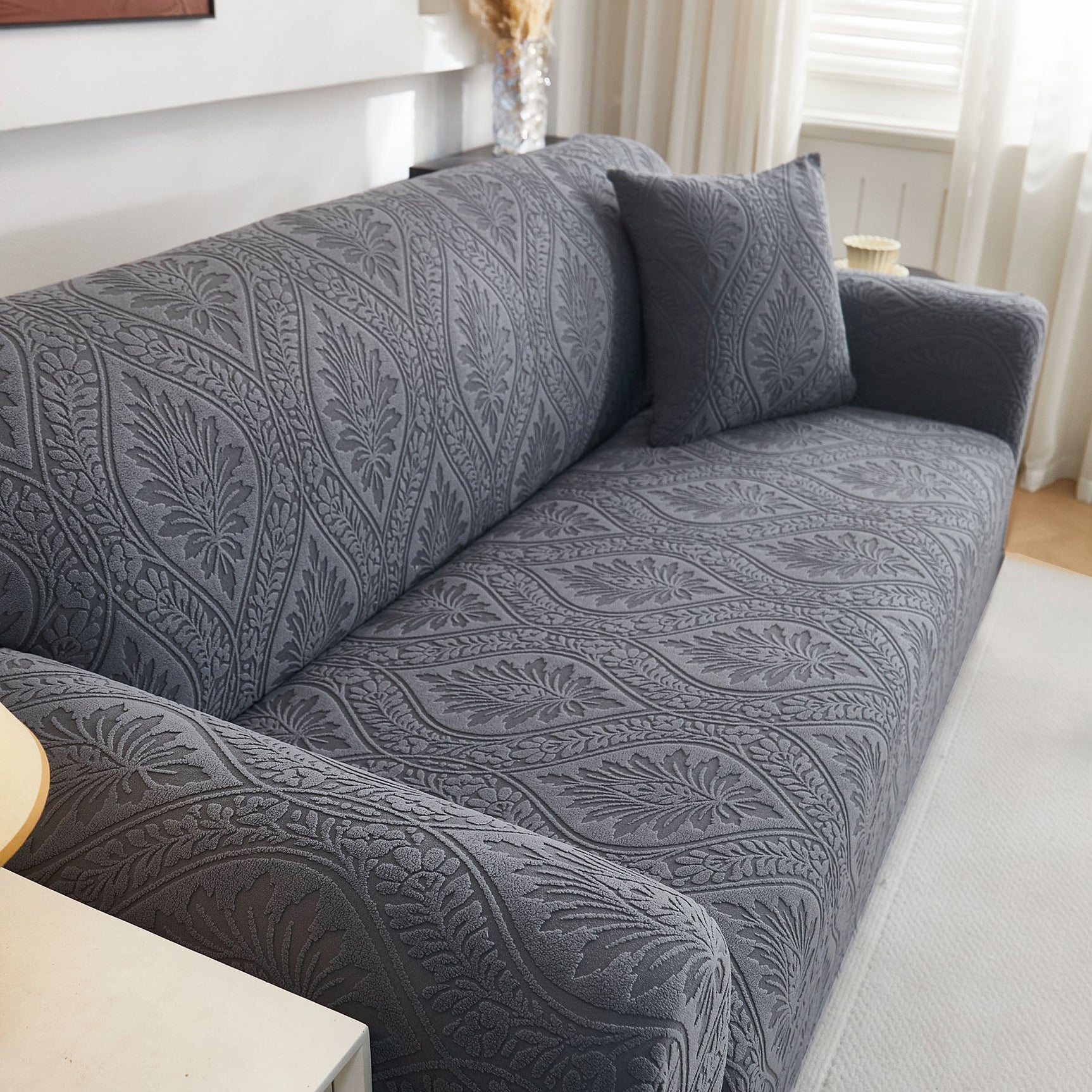 3D Baroque Floral Stretch Sofa Cover Elastic Polar Fleece Couch Slipcover with Straps - Ornate Home