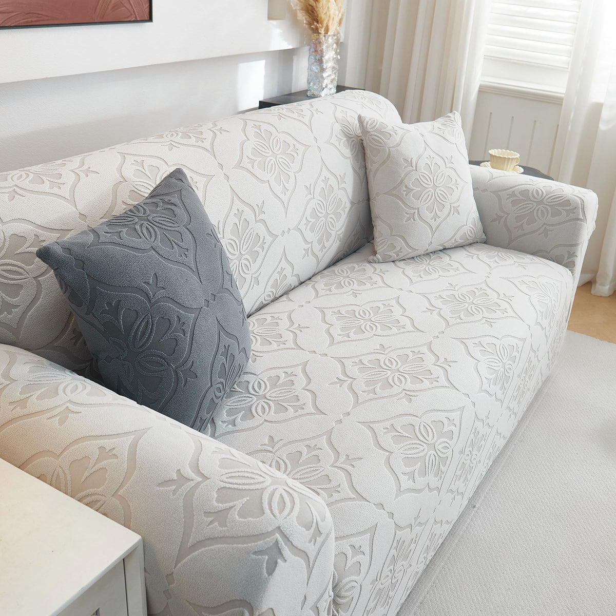 3D Damask Jacquard Stretch Sofa Cover Thick Polar Fleece Couch Slipcover with Straps - Ornate Home