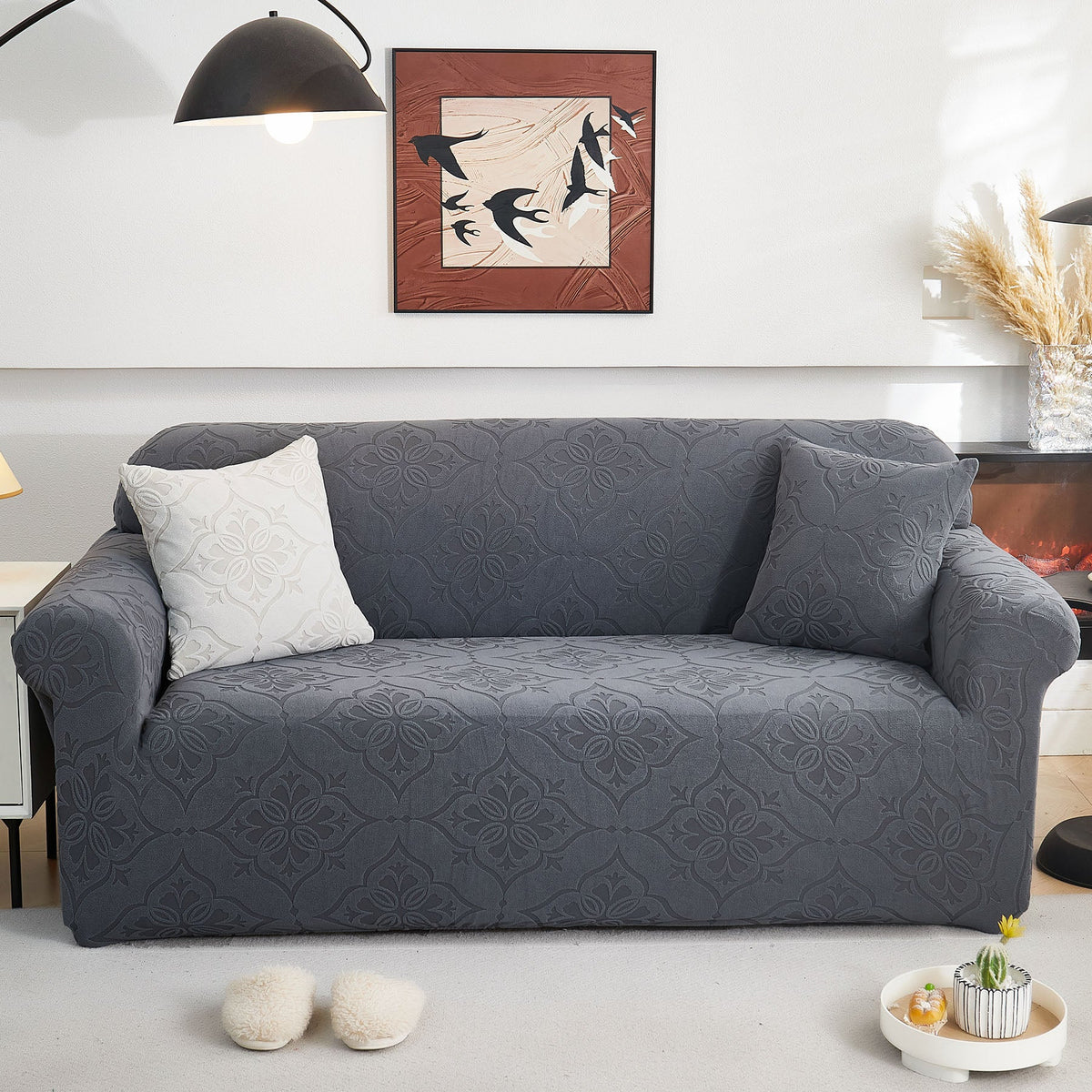 3D Damask Jacquard Stretch Sofa Cover Thick Polar Fleece Couch Slipcover with Straps - Ornate Home
