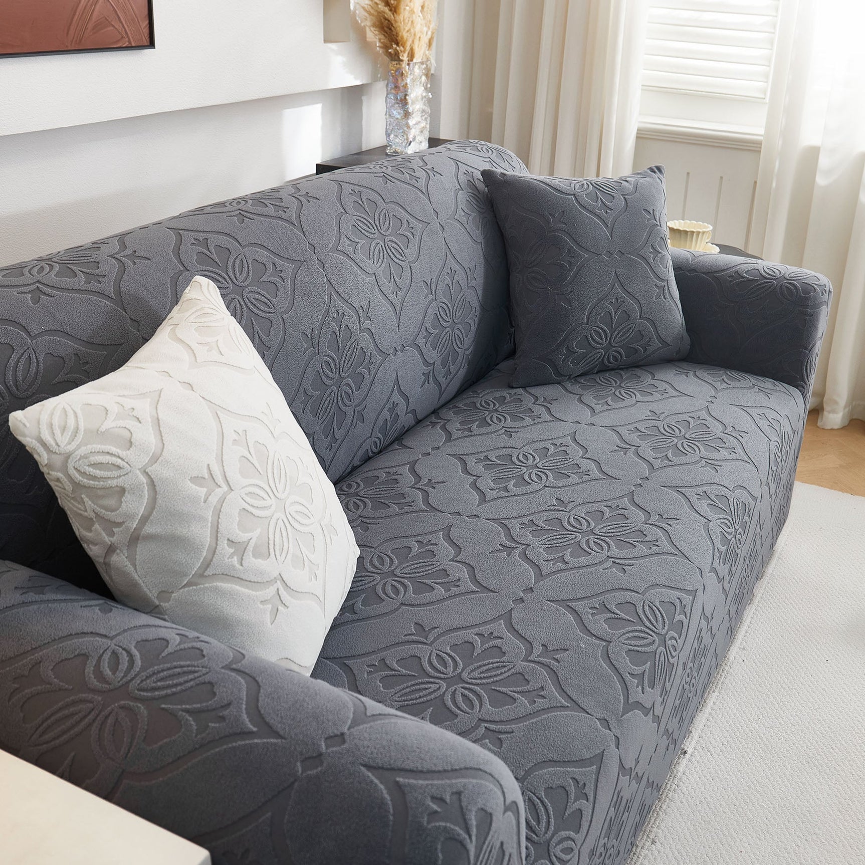 3D Damask Jacquard Stretch Sofa Cover Thick Polar Fleece Couch Slipcover with Straps - Ornate Home