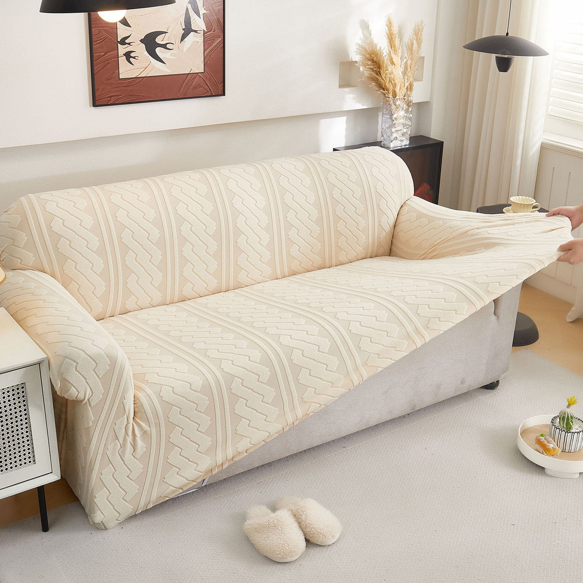 3D Embossed Geometric Couch Slipcover, Stretch Washable Non Slip Furniture Protector - Ornate Home