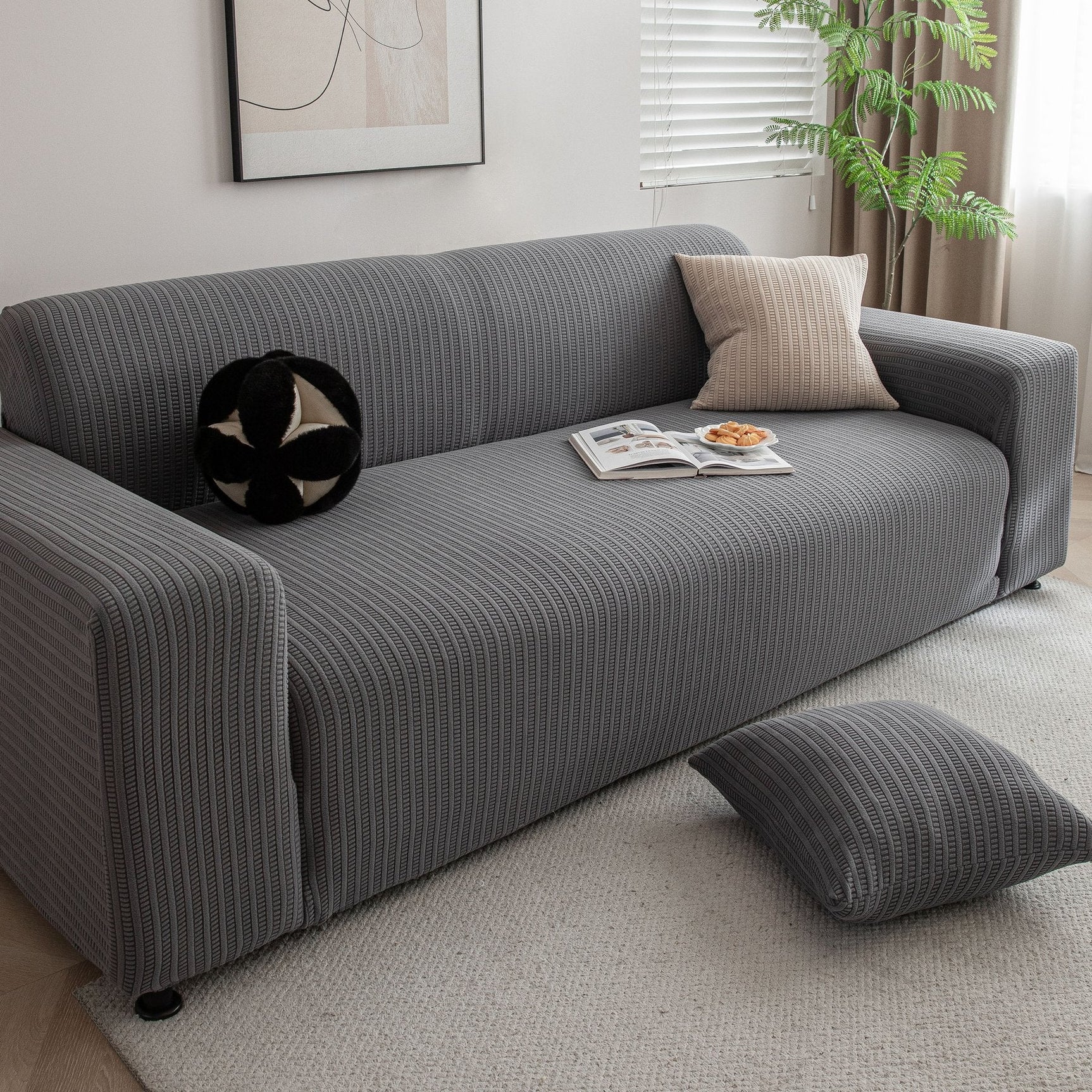 3D Grid Jacquard Sofa Cover, High Stretch Plush Waffle Couch Slipcover with Tie Straps - Ornate Home