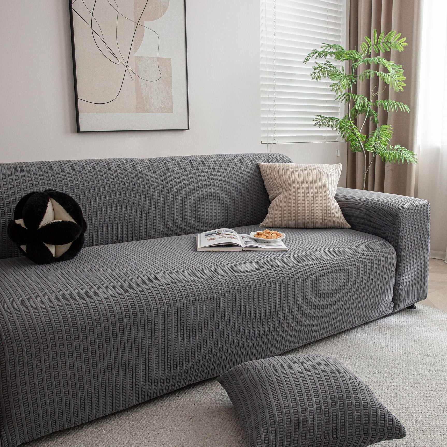 3D Grid Jacquard Sofa Cover, High Stretch Plush Waffle Couch Slipcover with Tie Straps - Ornate Home