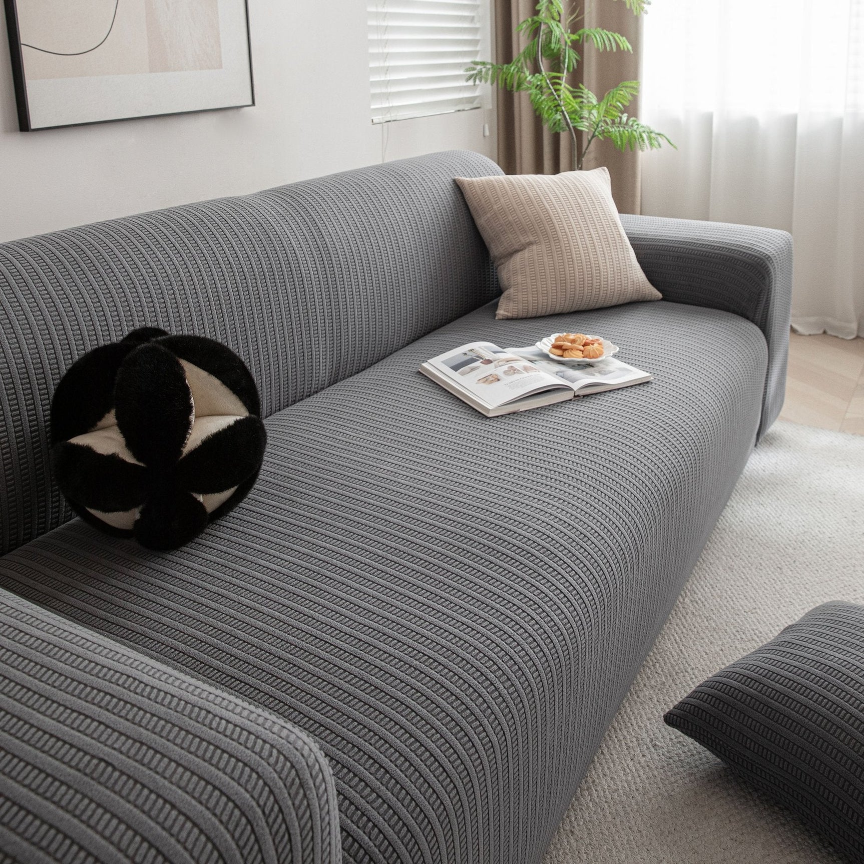 3D Grid Jacquard Sofa Cover, High Stretch Plush Waffle Couch Slipcover with Tie Straps - Ornate Home