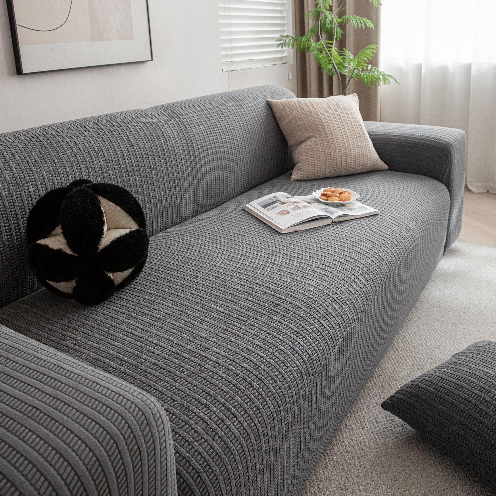 3D Grid Jacquard Sofa Cover, High Stretch Plush Waffle Couch Slipcover with Tie Straps - Ornate Home