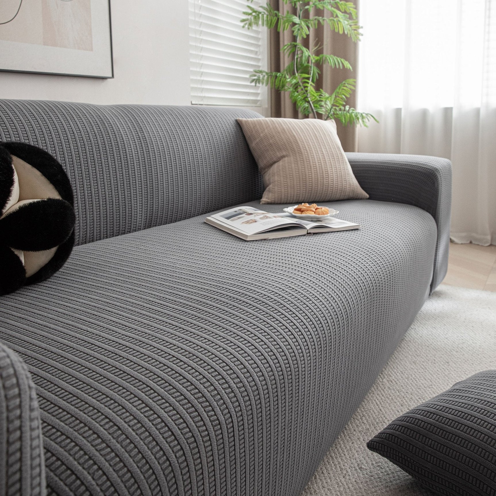 3D Grid Jacquard Sofa Cover, High Stretch Plush Waffle Couch Slipcover with Tie Straps - Ornate Home