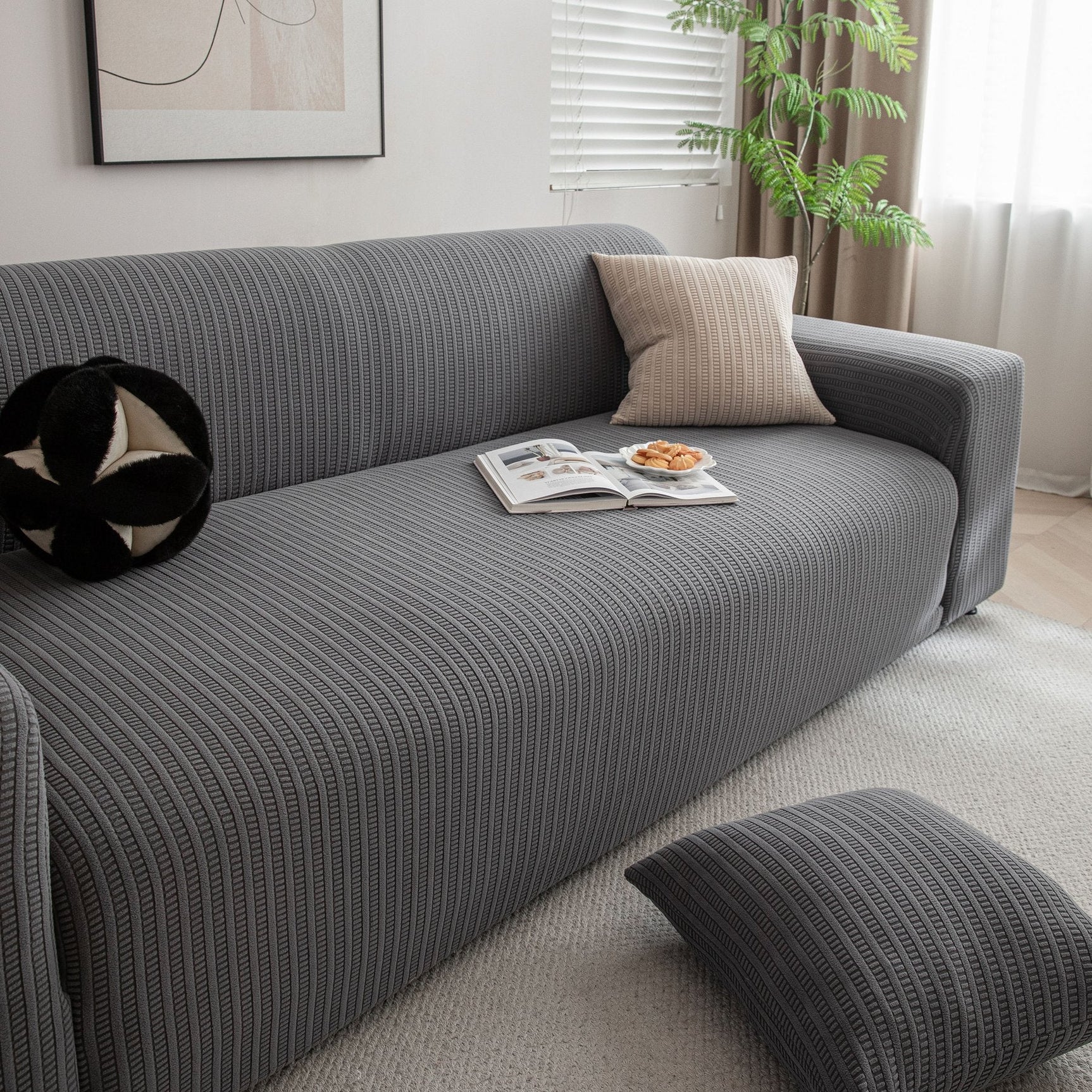 3D Grid Jacquard Sofa Cover, High Stretch Plush Waffle Couch Slipcover with Tie Straps - Ornate Home