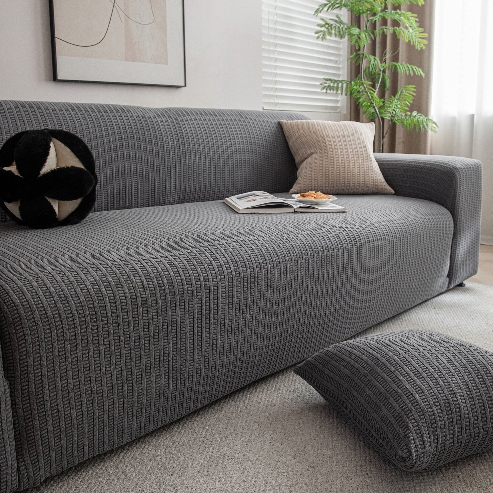 3D Grid Jacquard Sofa Cover, High Stretch Plush Waffle Couch Slipcover with Tie Straps - Ornate Home