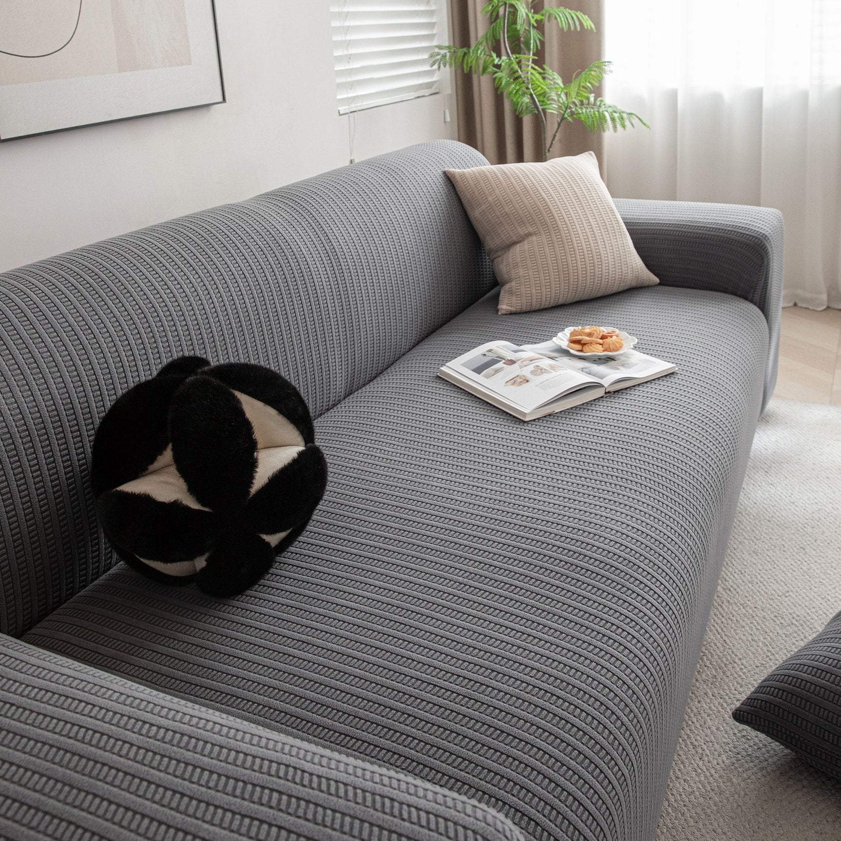 3D Grid Jacquard Sofa Cover, High Stretch Plush Waffle Couch Slipcover with Tie Straps - Ornate Home