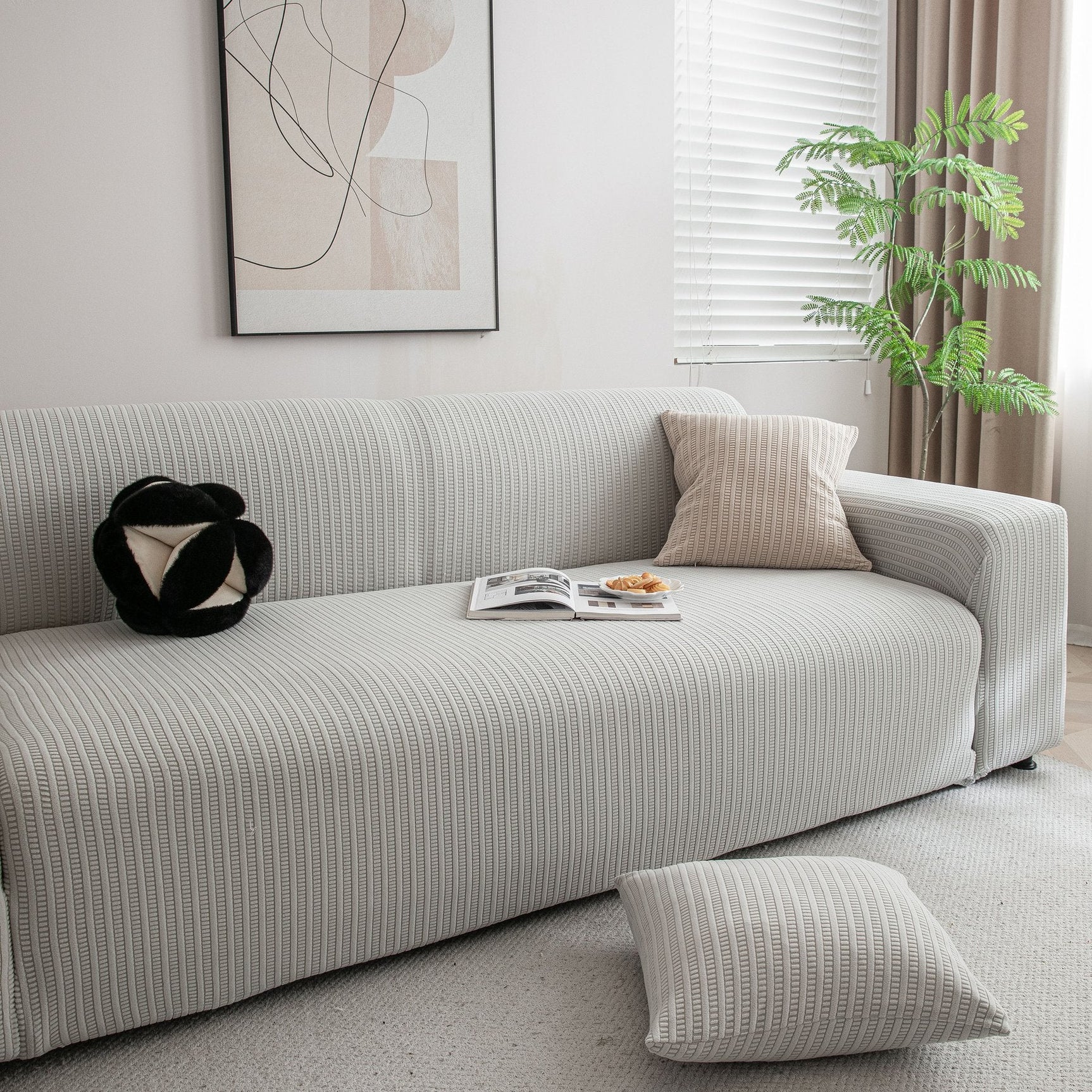 3D Grid Jacquard Sofa Cover, High Stretch Plush Waffle Couch Slipcover with Tie Straps - Ornate Home
