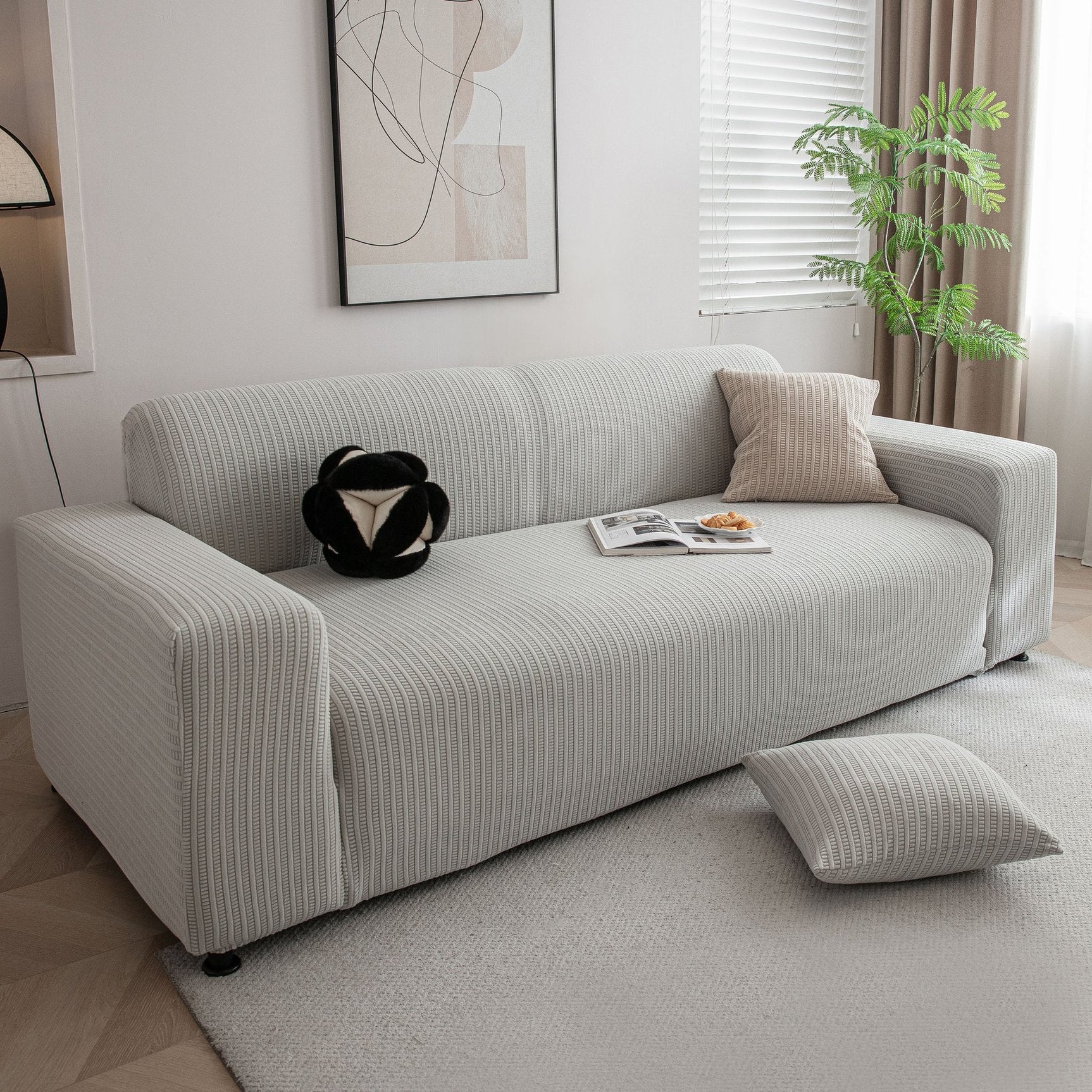 3D Grid Jacquard Sofa Cover, High Stretch Plush Waffle Couch Slipcover with Tie Straps - Ornate Home