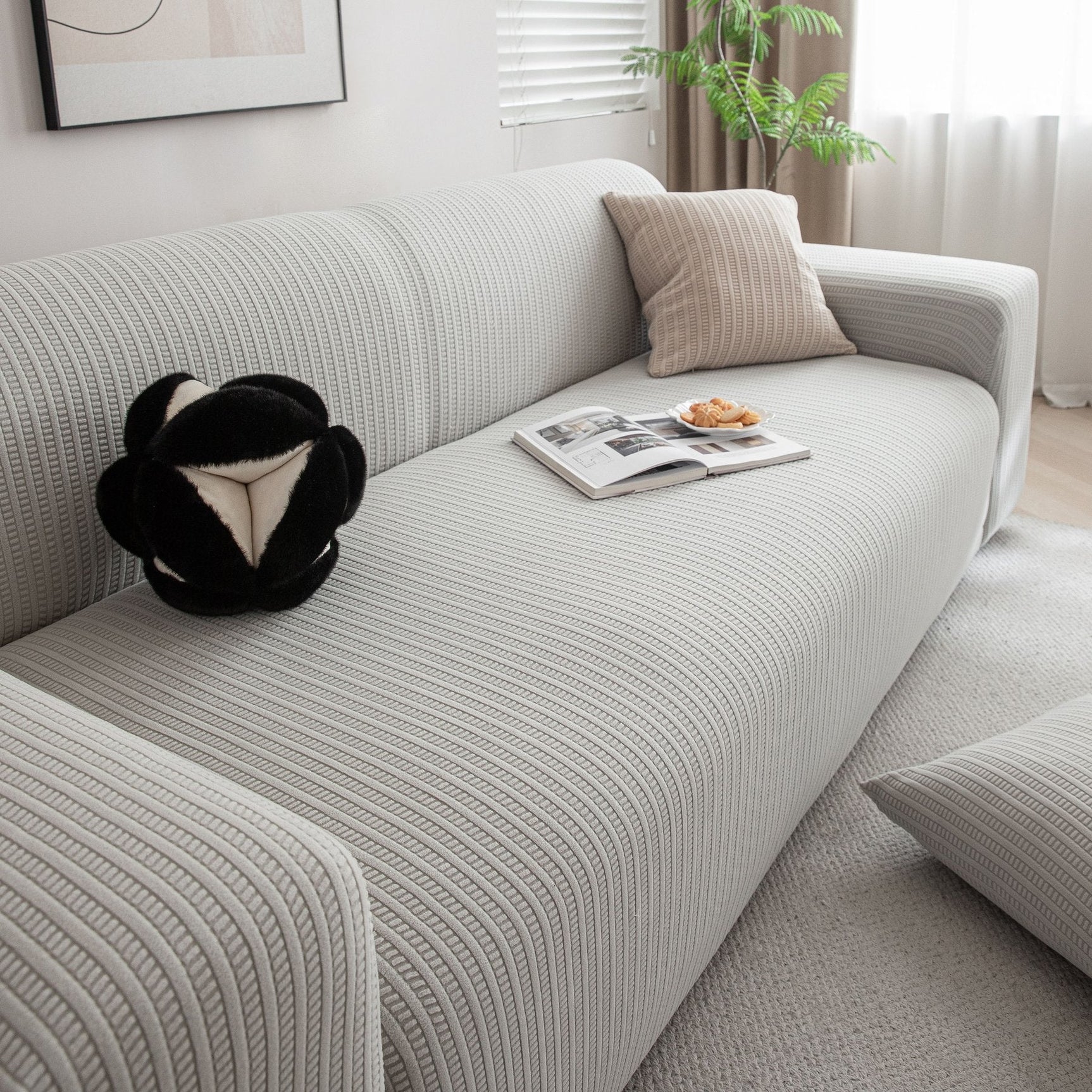 3D Grid Jacquard Sofa Cover, High Stretch Plush Waffle Couch Slipcover with Tie Straps - Ornate Home