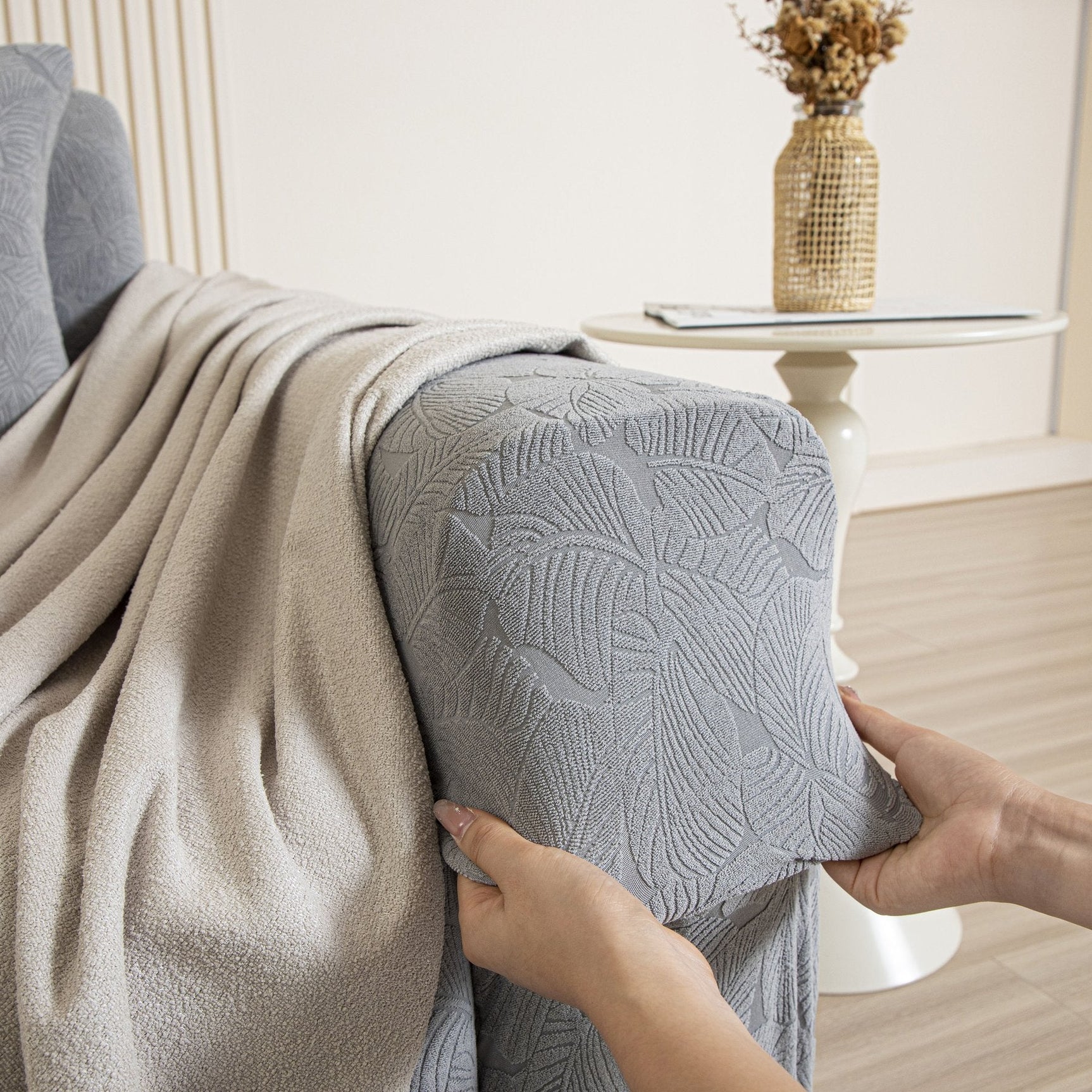 3D Jacquard Leaf Pattern Couch Slipcover, High Stretch Washable Textured Sofa Cover - Ornate Home