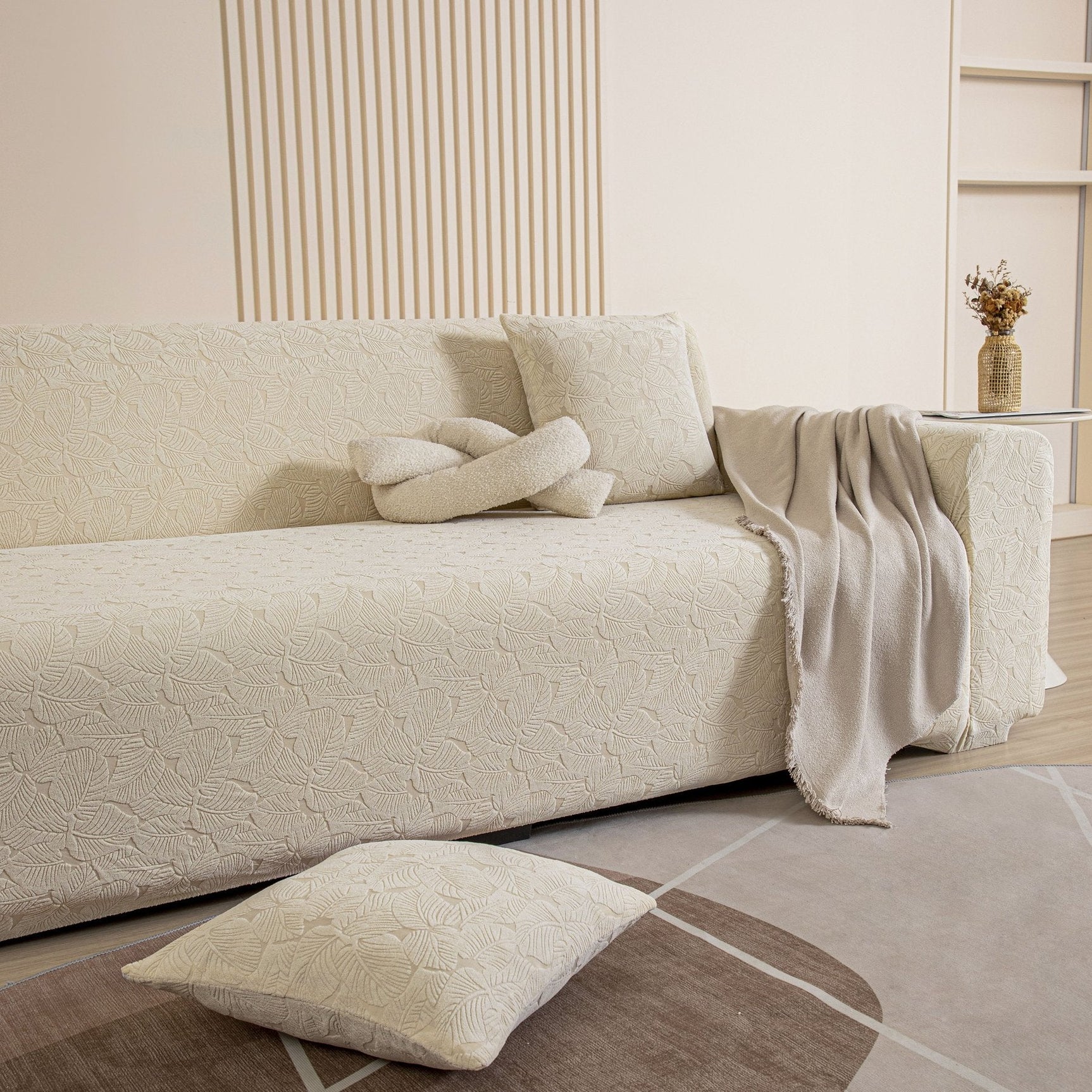 3D Jacquard Leaf Pattern Couch Slipcover, High Stretch Washable Textured Sofa Cover - Ornate Home