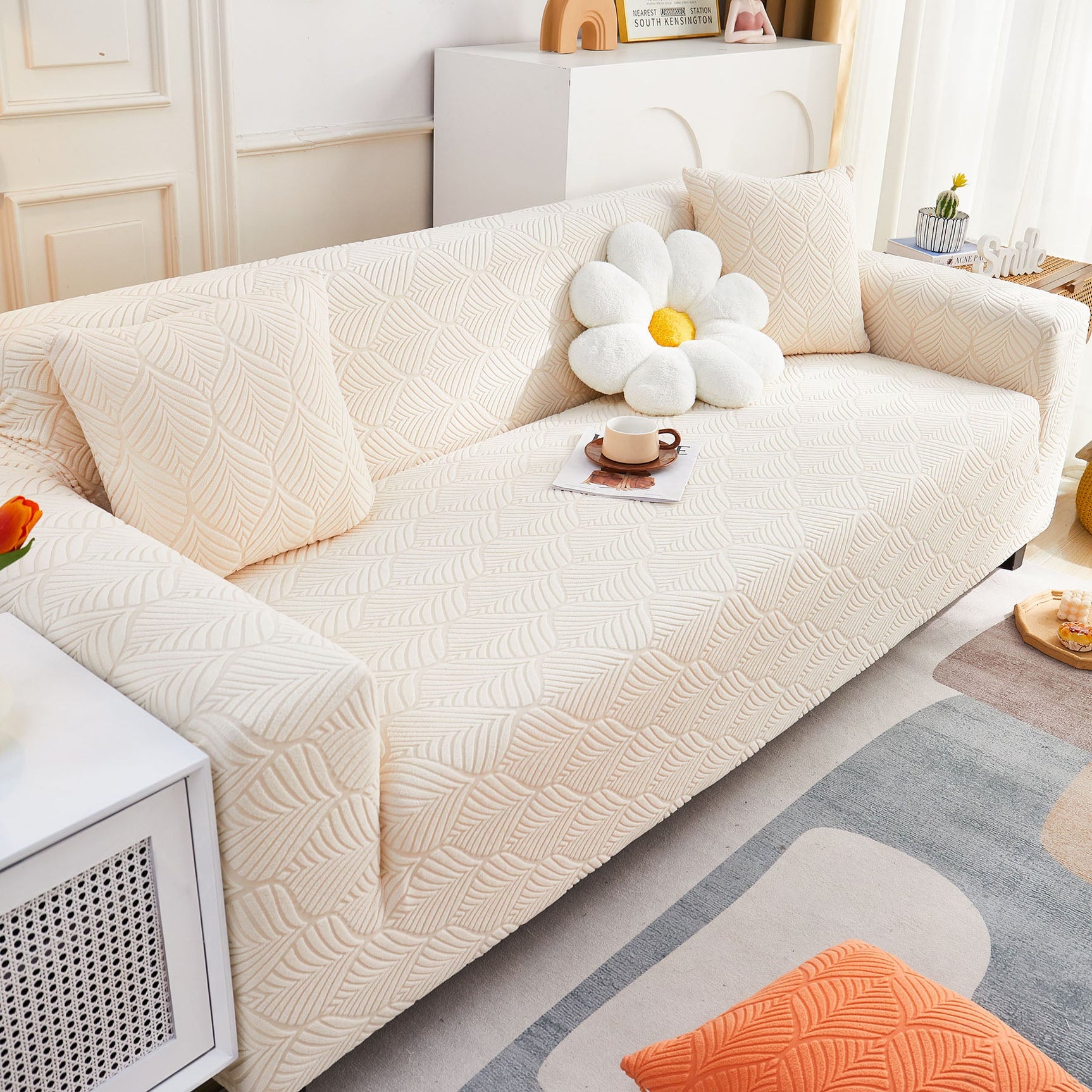 3D Leaves Jacquard Couch Slipcovers Non-Slip Cozy Stretchy Couch Covers for Sectional - Ornate Home
