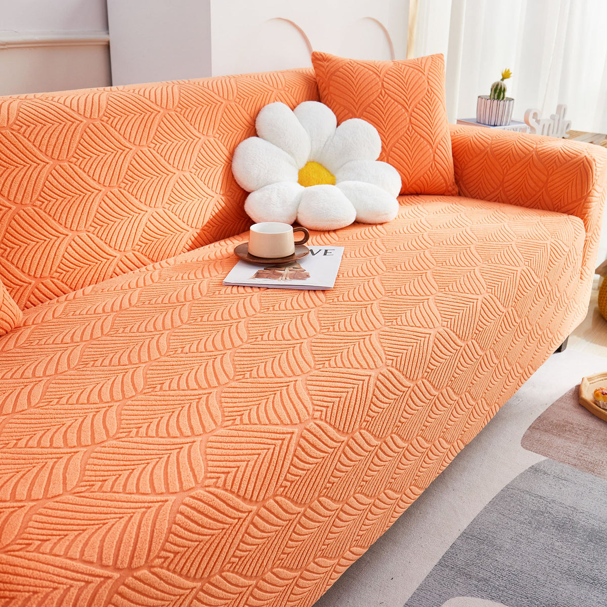 3D Leaves Jacquard Couch Slipcovers Non-Slip Cozy Stretchy Couch Covers for Sectional - Ornate Home