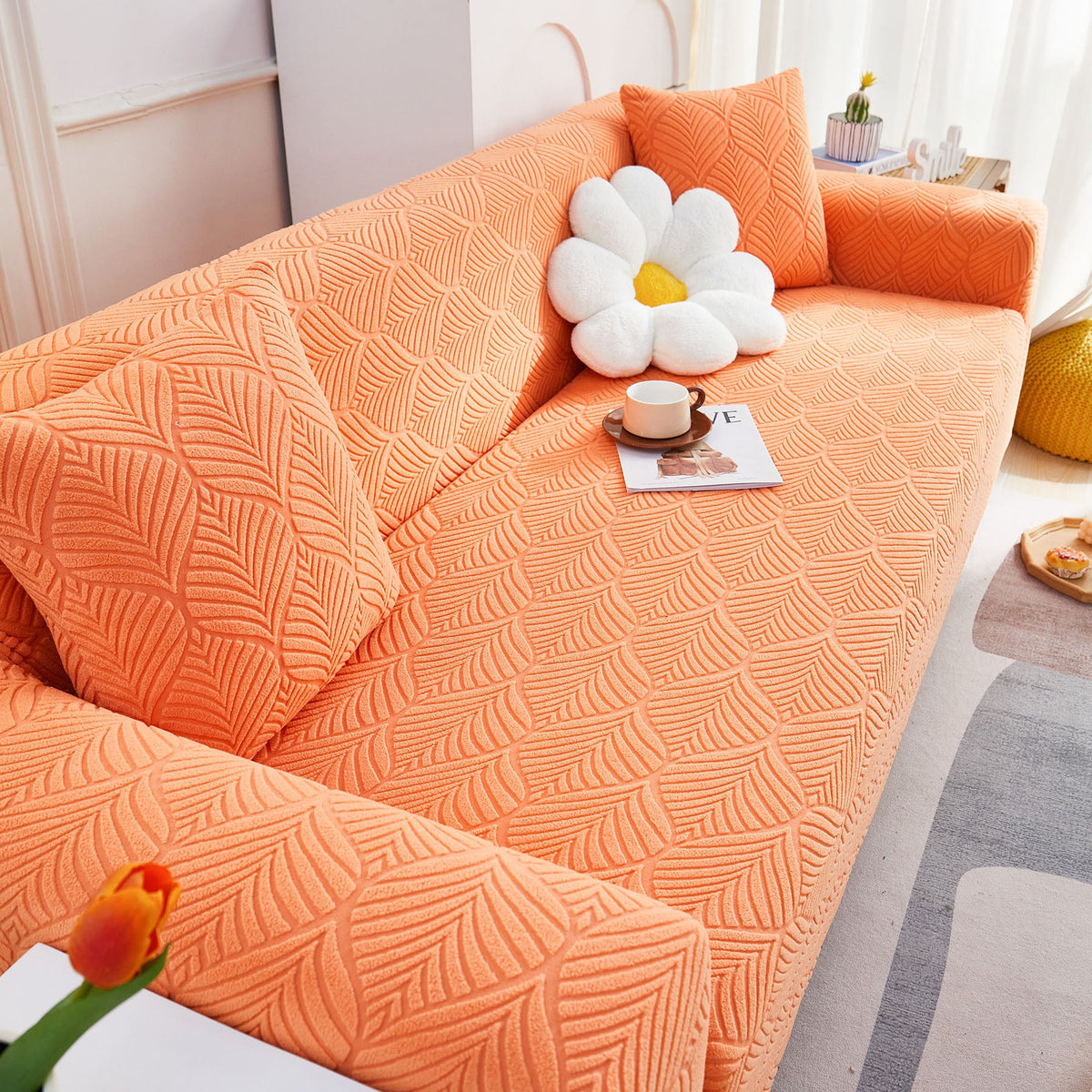 3D Leaves Jacquard Couch Slipcovers Non-Slip Cozy Stretchy Couch Covers for Sectional - Ornate Home