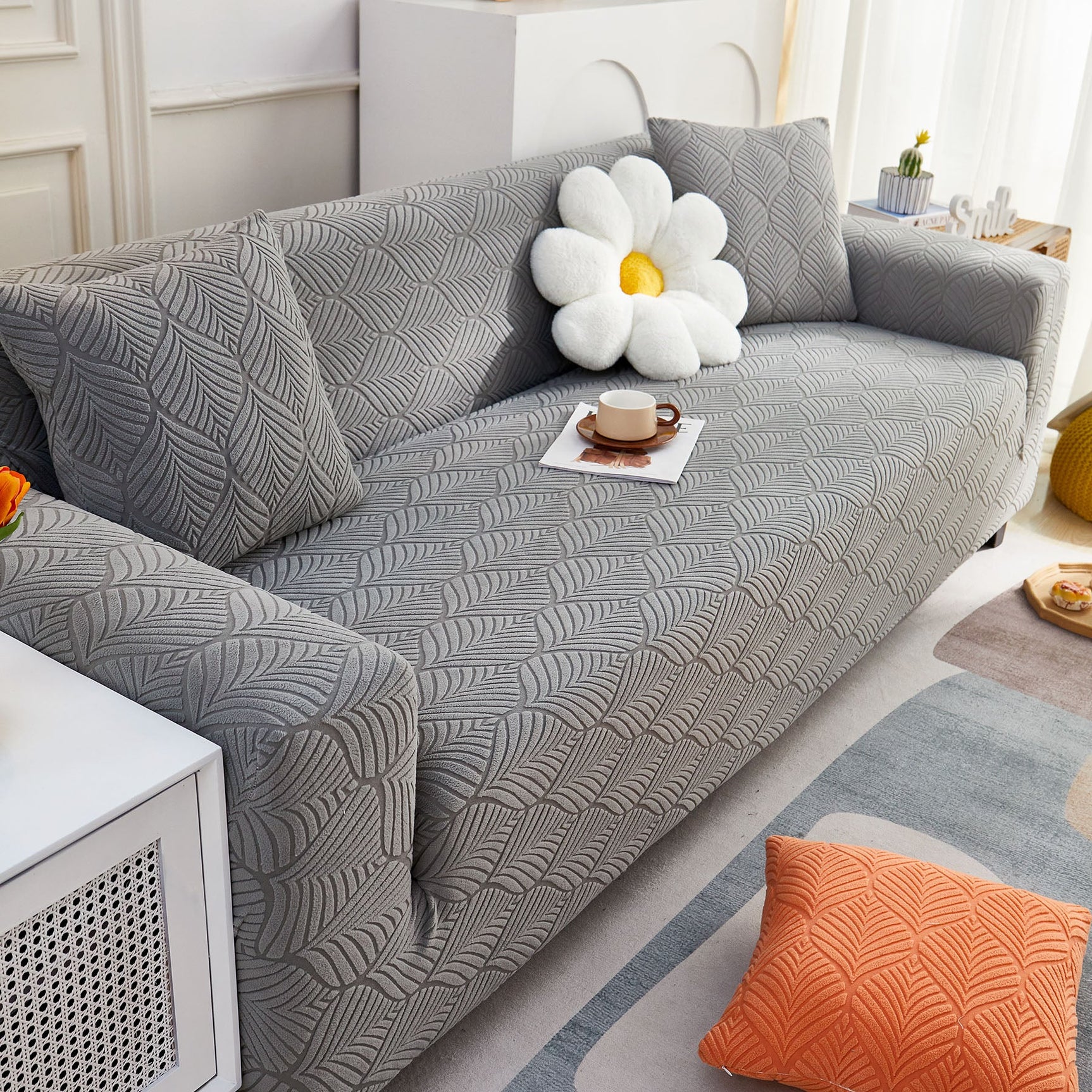 3D Leaves Jacquard Couch Slipcovers Non-Slip Cozy Stretchy Couch Covers for Sectional - Ornate Home