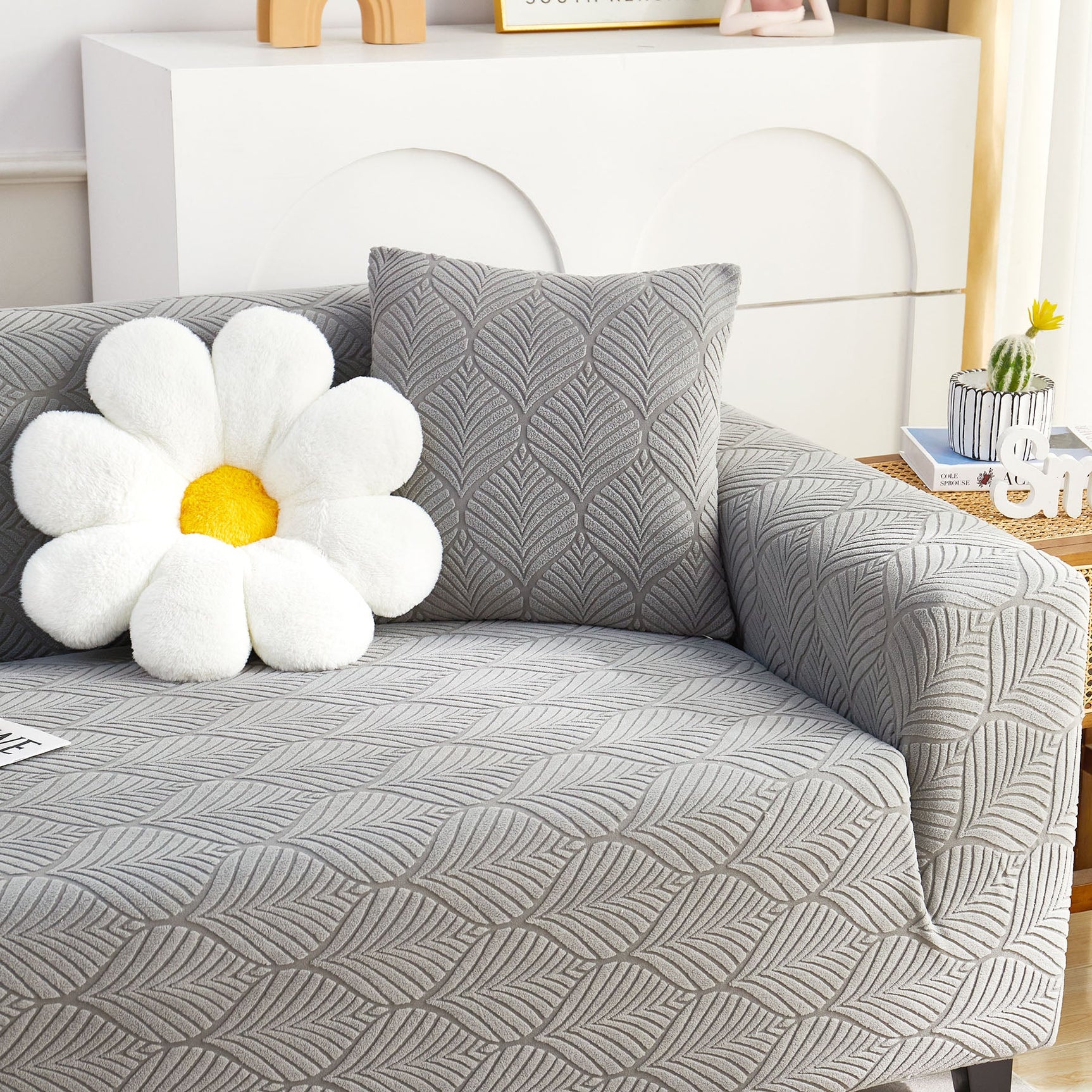 3D Leaves Jacquard Couch Slipcovers Non-Slip Cozy Stretchy Couch Covers for Sectional - Ornate Home