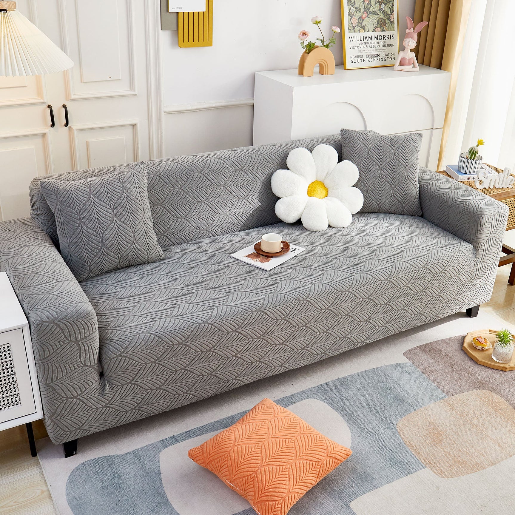 3D Leaves Jacquard Couch Slipcovers Non-Slip Cozy Stretchy Couch Covers for Sectional - Ornate Home
