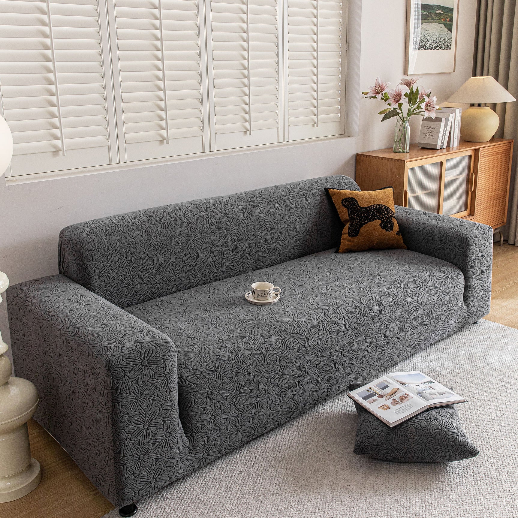 High Elastic Floral Couch Slipcover, Jacquard Stretch Non-Slip Furniture Protector