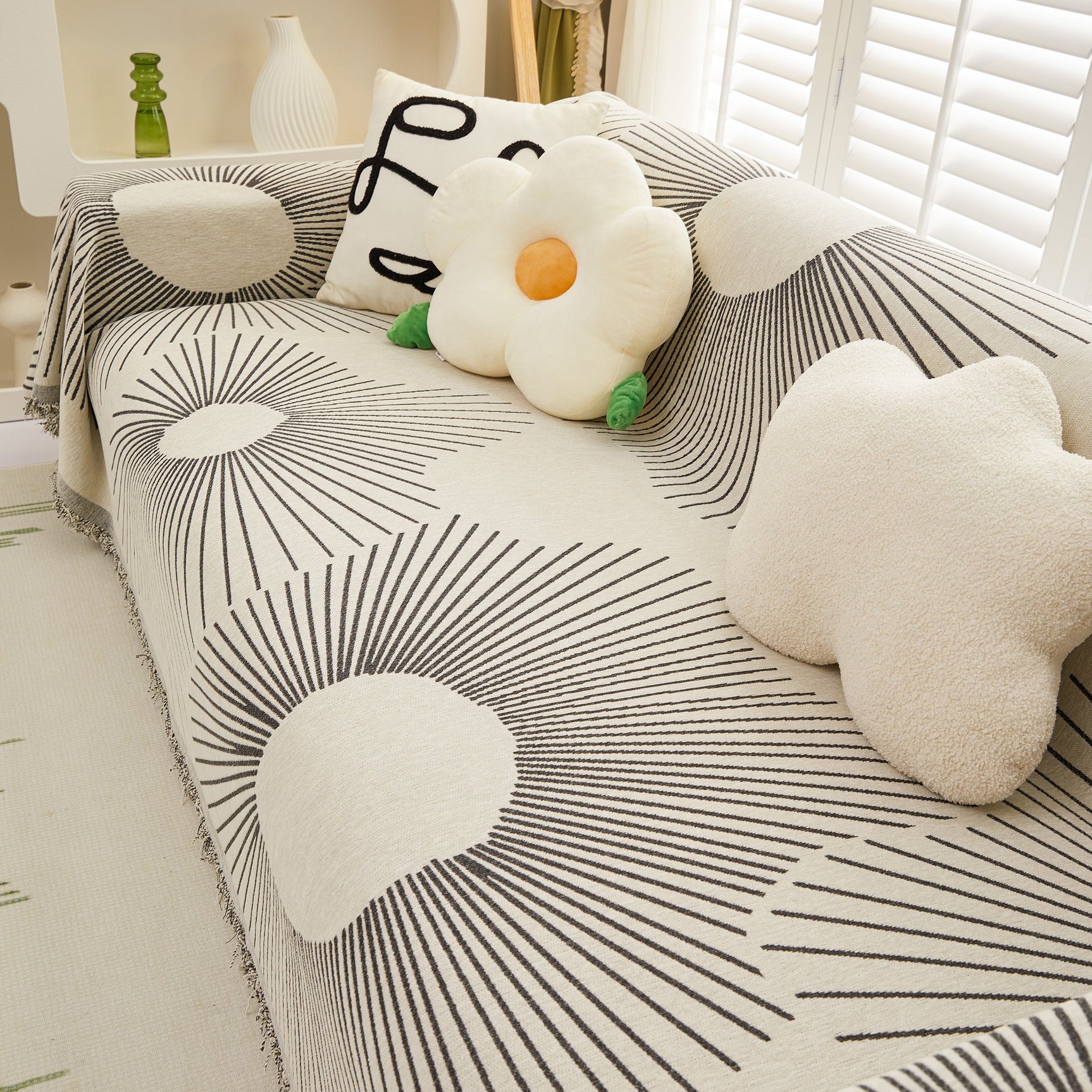 Geometric Radial Striped L-Shape Sofa Cover: Thick, Reversible Furniture Blanket for Kids and Pets