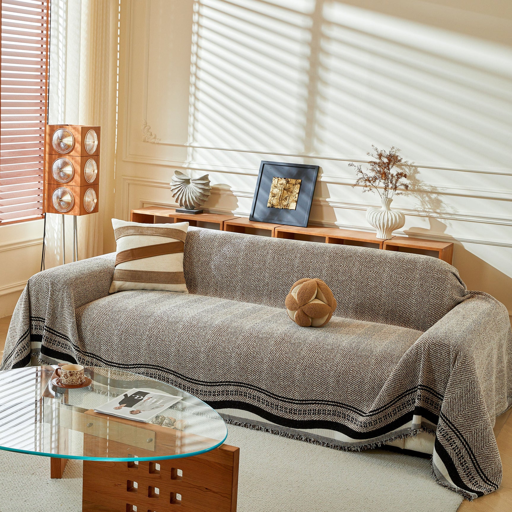 Reversible Herringbone Sofa Cover, 2-in-1 Classic British Throw Blanket for Couch