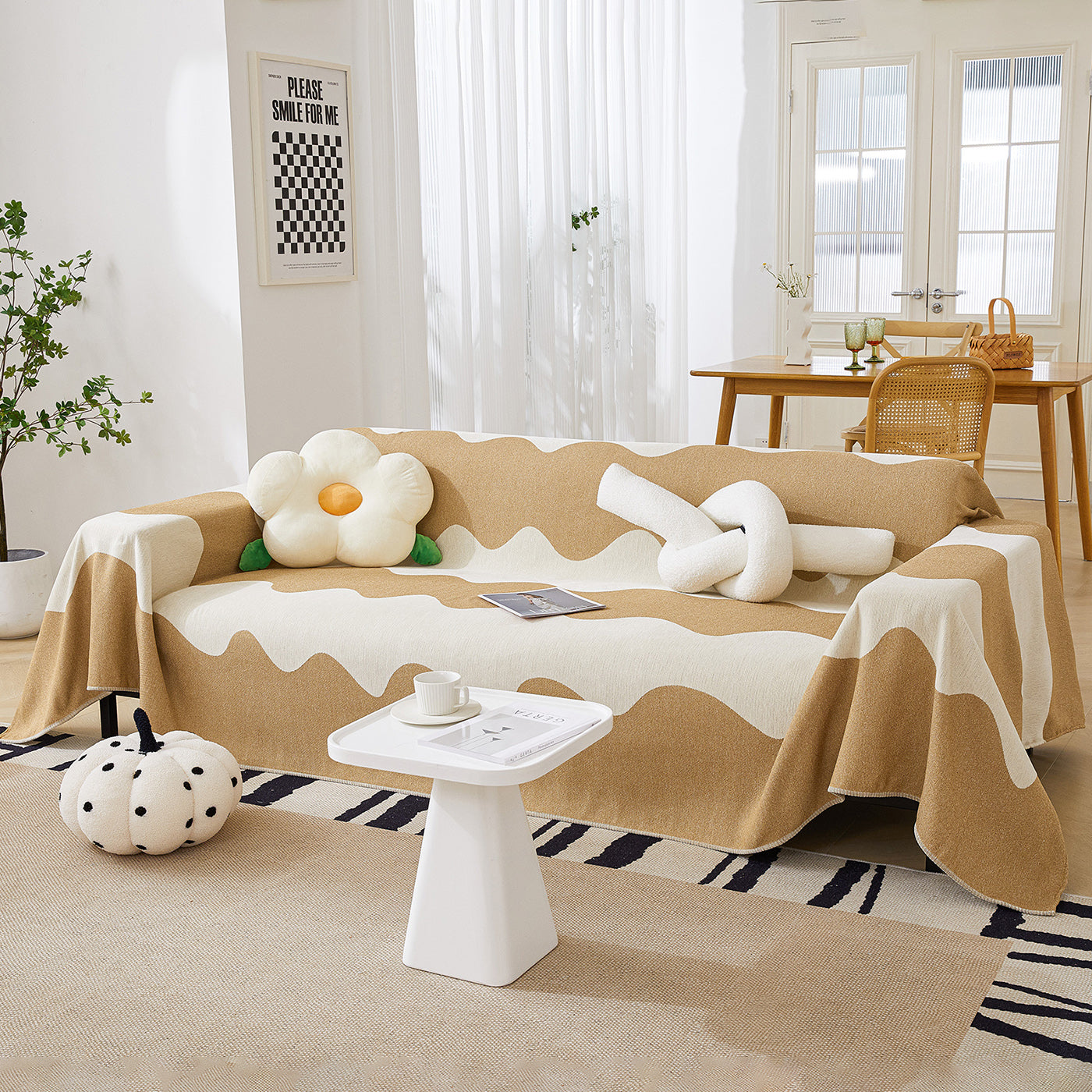 Chenille Minimalist Wavy Sofa Throw Cover, Cozy Blankets for Couch, Machine Washable Couch Protector
