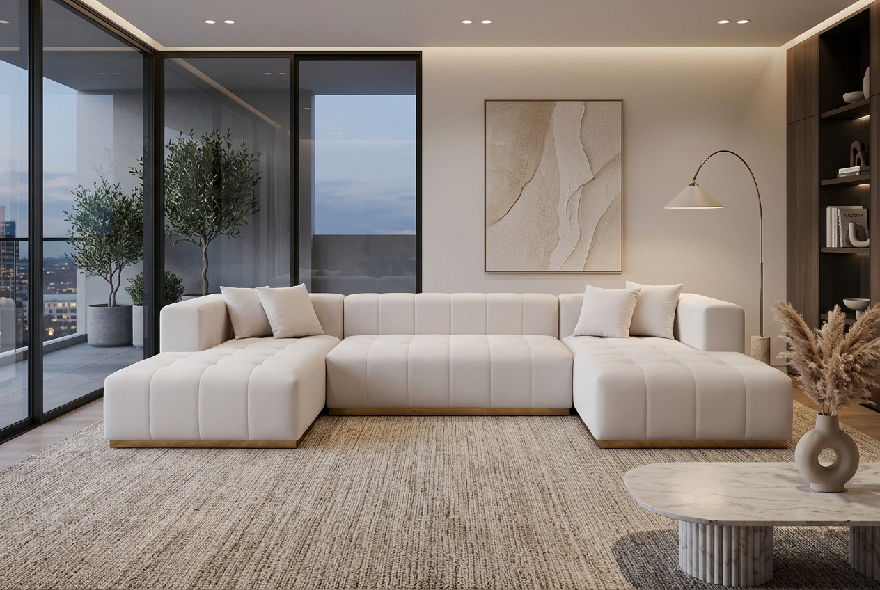 Montecito Ivory Velvet Double Chaise "U" Shape Sectional Sofa - Ornate Home
