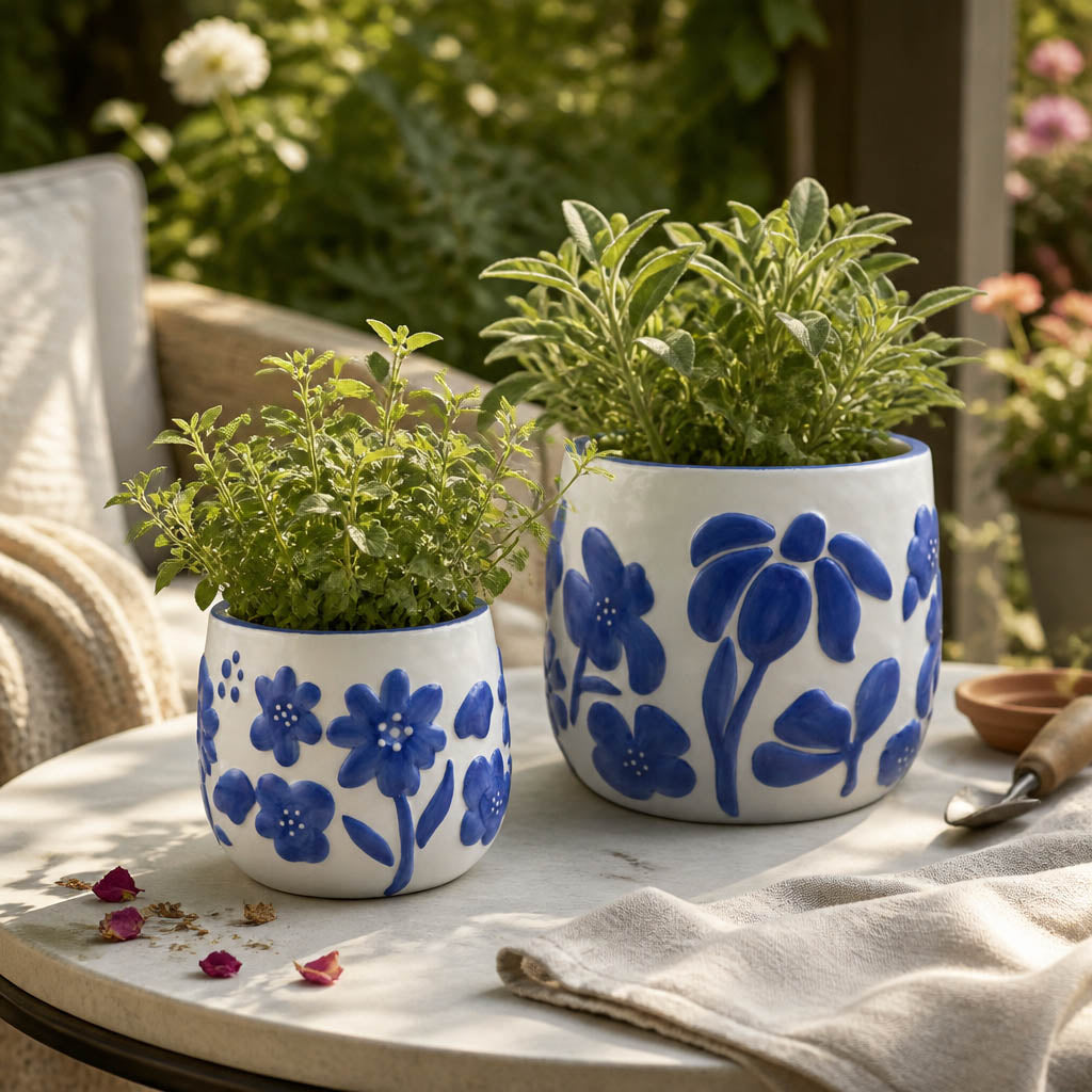 Miranda Blue Floral Embossed Planters (Set of 2)