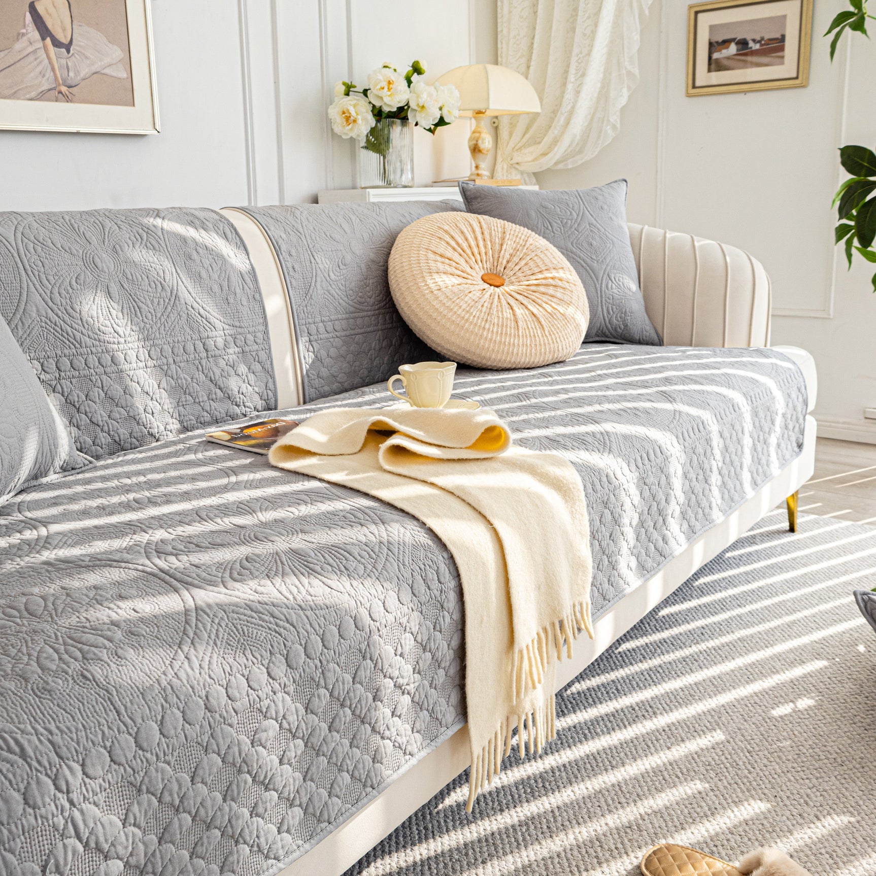 Cotton Quilted Sofa Cover, Non-Slip Couch Protector Fits Backrest, Seat & Armrest