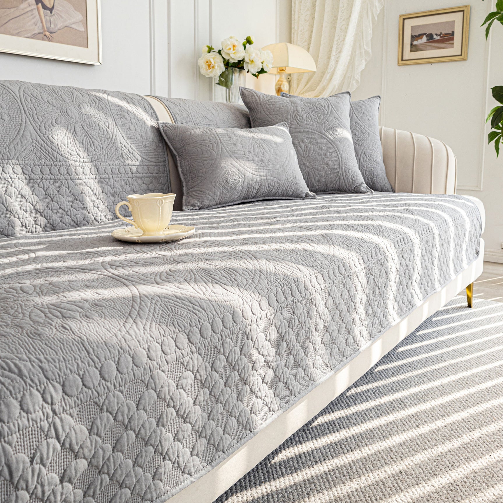 Cotton Quilted Sofa Cover, Non-Slip Couch Protector Fits Backrest, Seat & Armrest