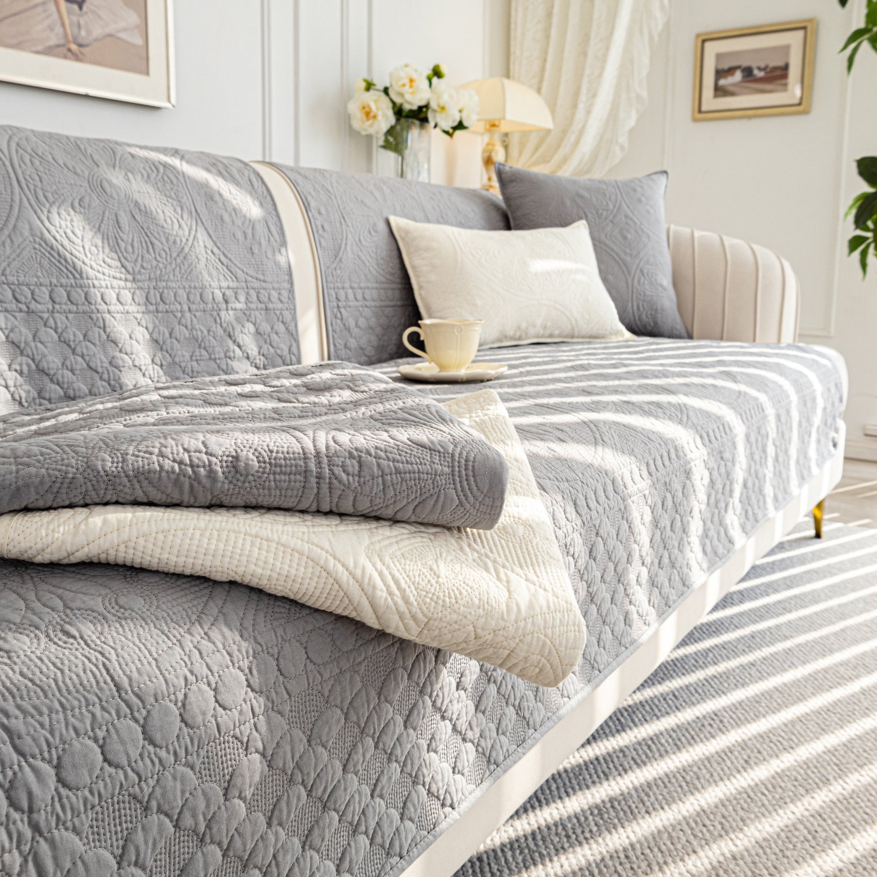 Cotton Quilted Sofa Cover, Non-Slip Couch Protector Fits Backrest, Seat & Armrest