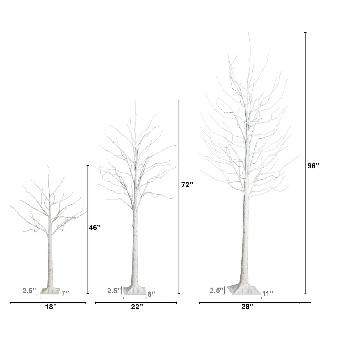 4' 6' 8' Pre-Lit Artificial White Birch Trees with LED Lights - Set of 3