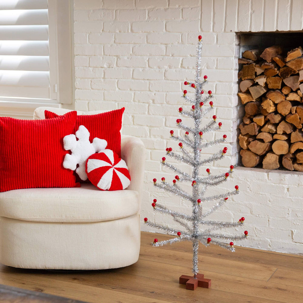 4' Artificial Retro Silver Tinsel Christmas Tree with 50 Red Mini Ornament Balls and Wooden Base