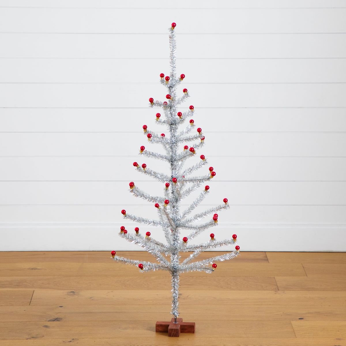 4' Artificial Retro Silver Tinsel Christmas Tree with 50 Red Mini Ornament Balls and Wooden Base