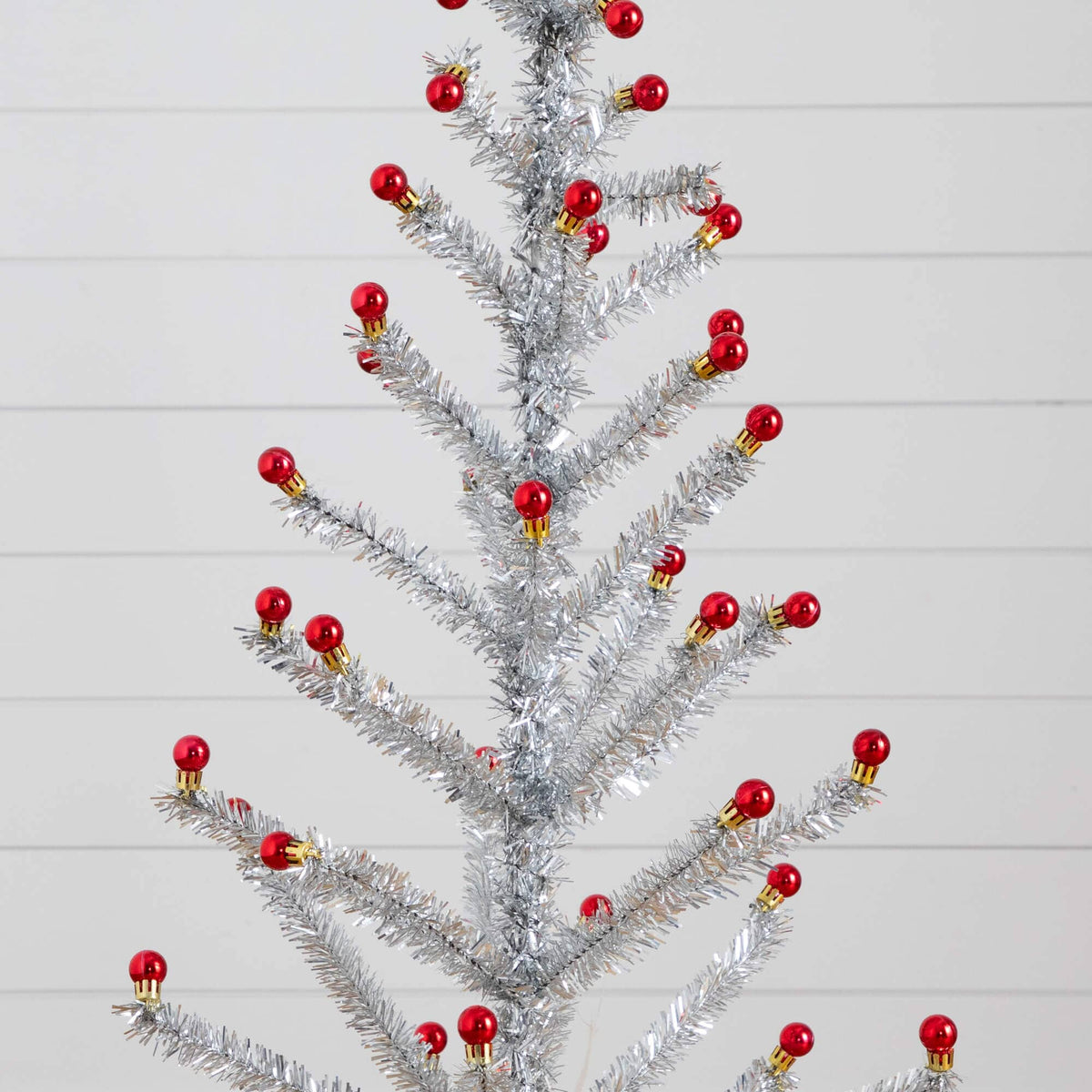 4' Artificial Retro Silver Tinsel Christmas Tree with 50 Red Mini Ornament Balls and Wooden Base